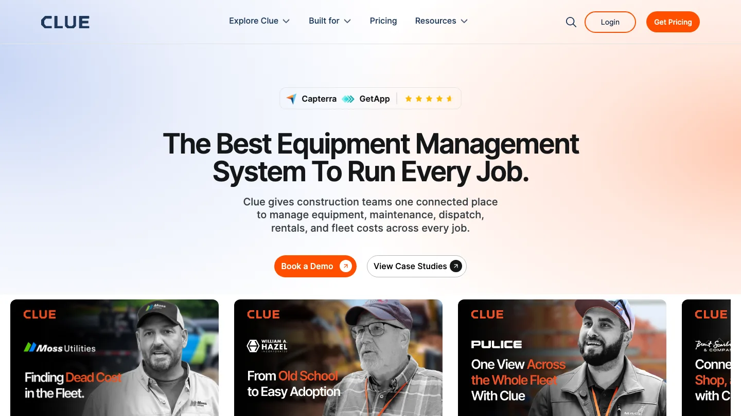 Clue homepage, showing its equipment management system for construction fleets