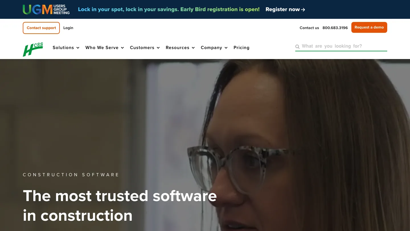 HCSS homepage, showing its construction software suite