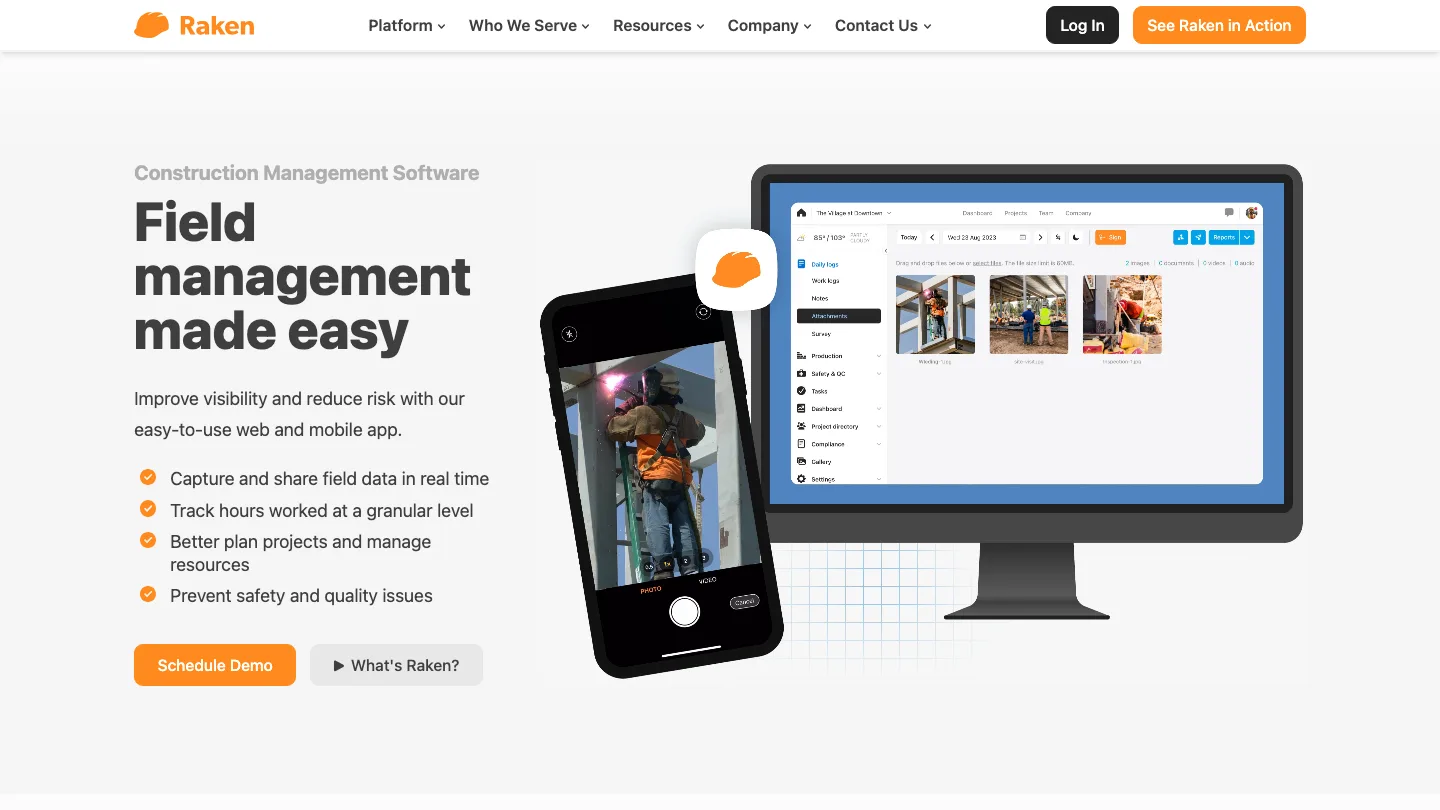 Raken homepage, showing its field management app for construction crews