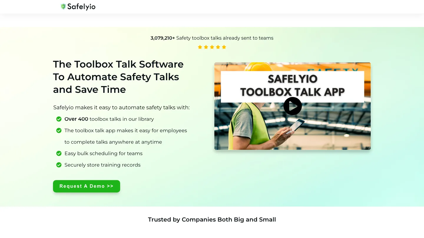 Safelyio homepage, advertising over 400 toolbox talks in its library
