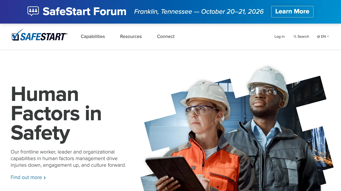 SafeStart homepage, showing its human factors in safety program