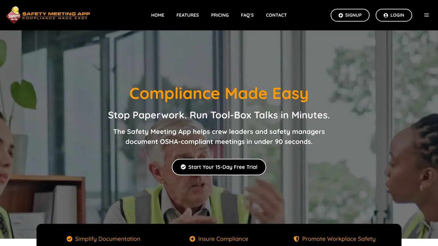 Safety Meeting App homepage, offering OSHA-compliant meeting documentation in under 90 seconds