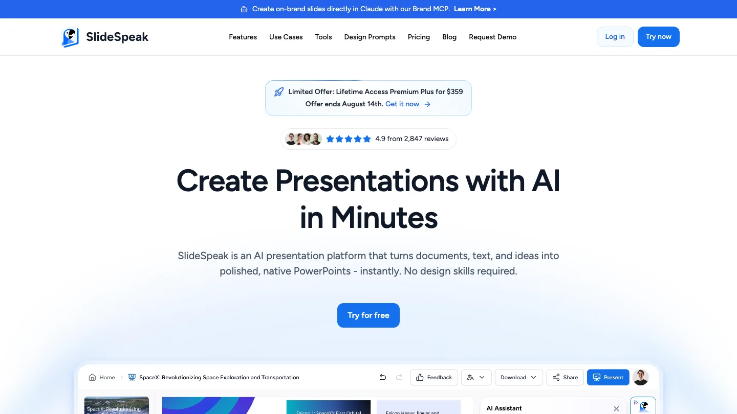 SlideSpeak homepage, the presentation generator used here as toolbox talk software