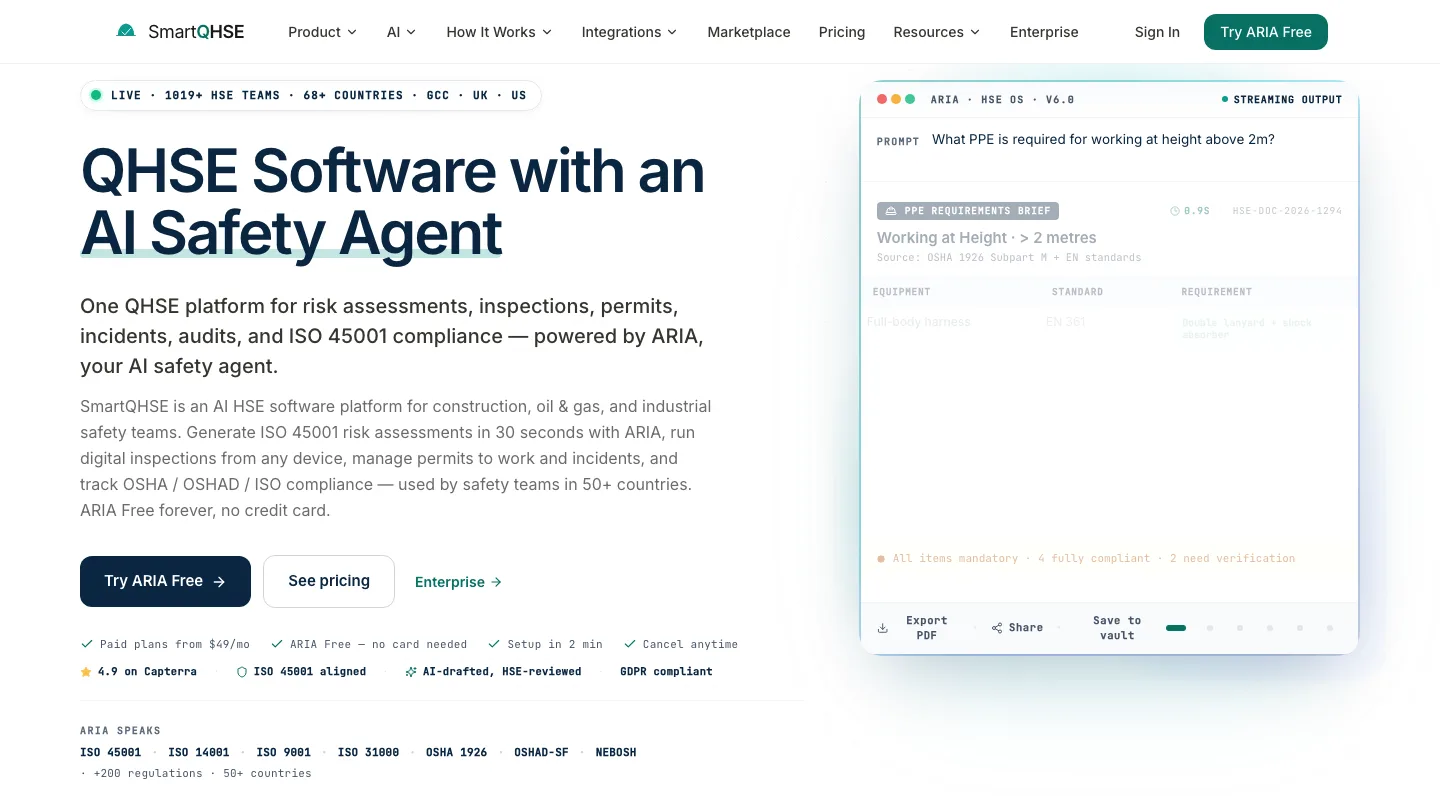SmartQHSE homepage, showing its ARIA AI safety agent generating a hazard brief