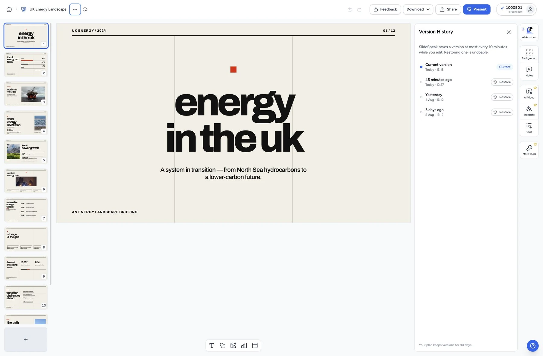The SlideSpeak editor with saved presentation versions and Restore buttons in the Version History panel