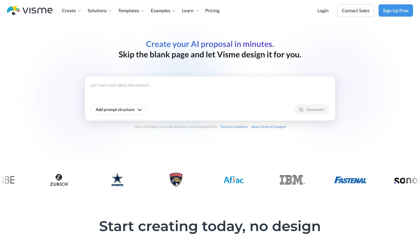 Visme homepage, showing its AI proposal generator and prompt box