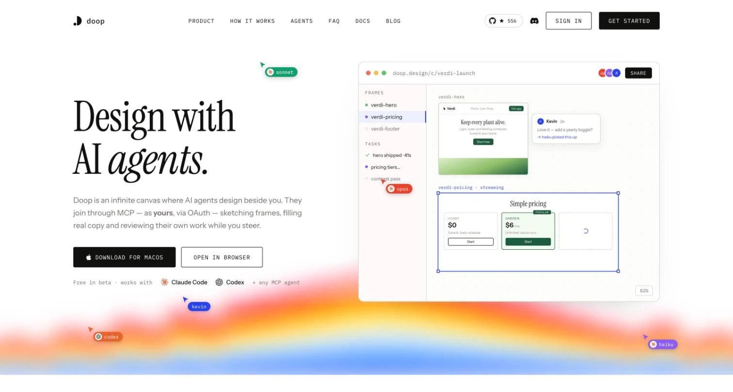 The Doop homepage, a Claude design alternative where AI agents design on a shared canvas