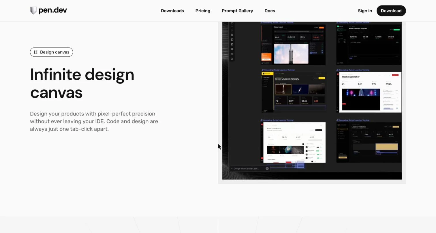 The pen.dev infinite design canvas with dashboard screens designed by Claude Code