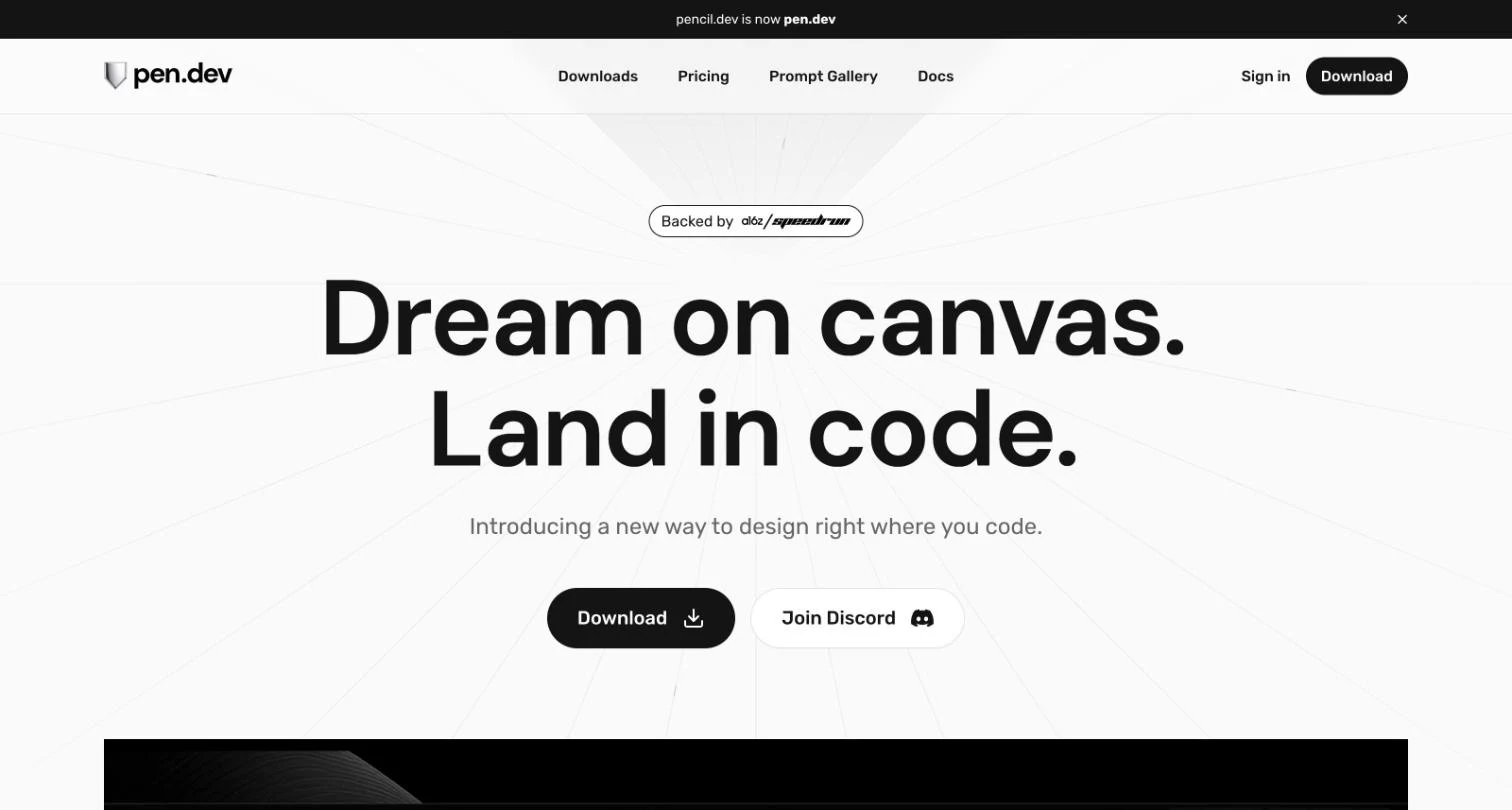 The pen.dev homepage, an AI design canvas that lands designs in code