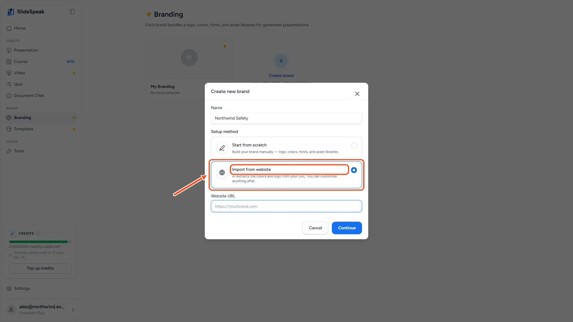 Create new brand dialog with Import from website selected