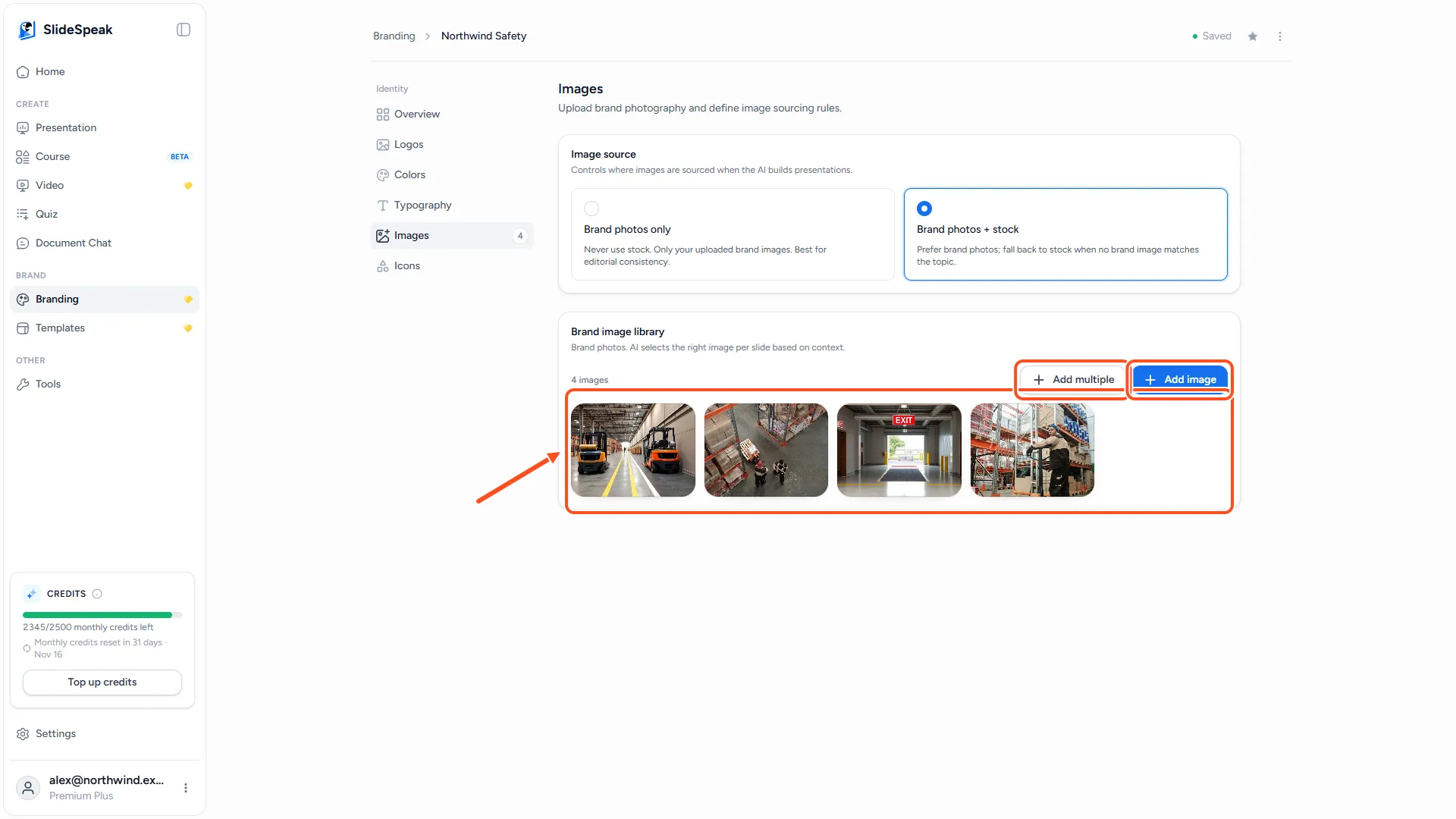 Images section of a brand with the Brand image library showing uploaded photos and the Add multiple and Add image buttons
