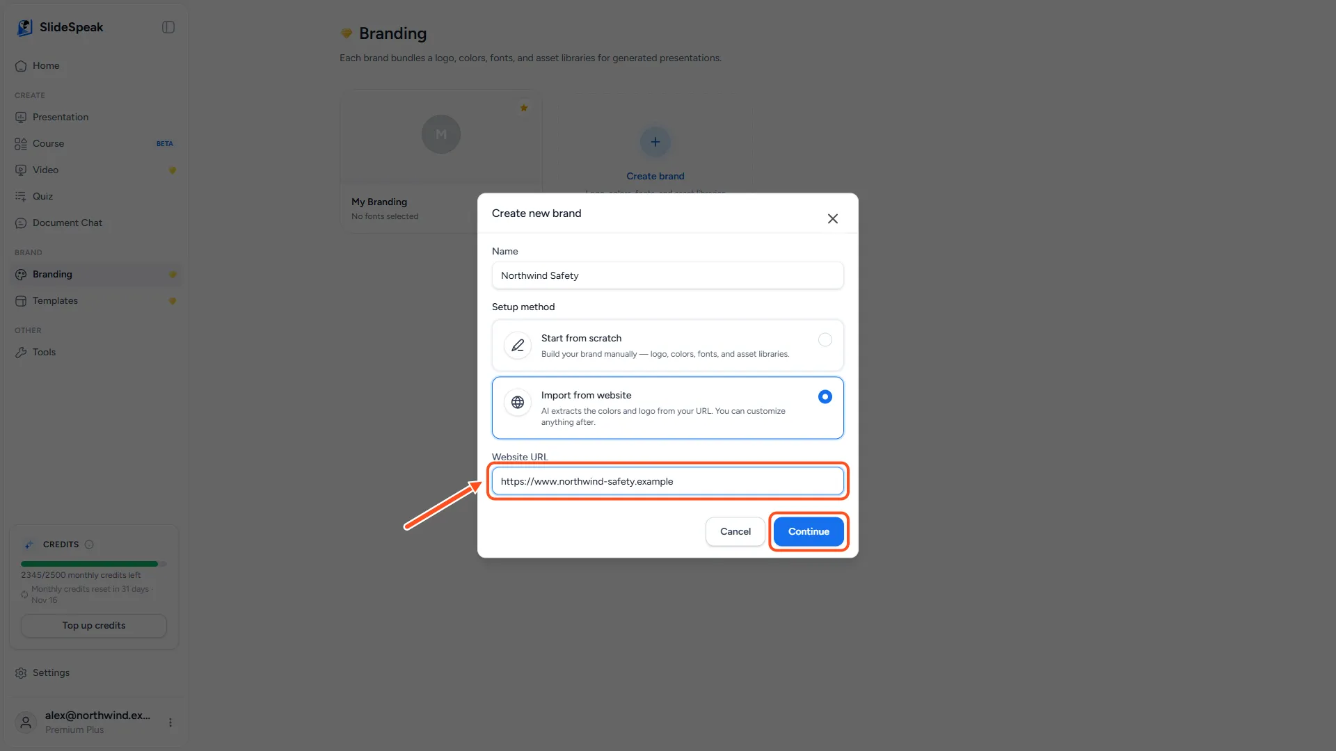 Website URL field filled in with a company address and the Continue button