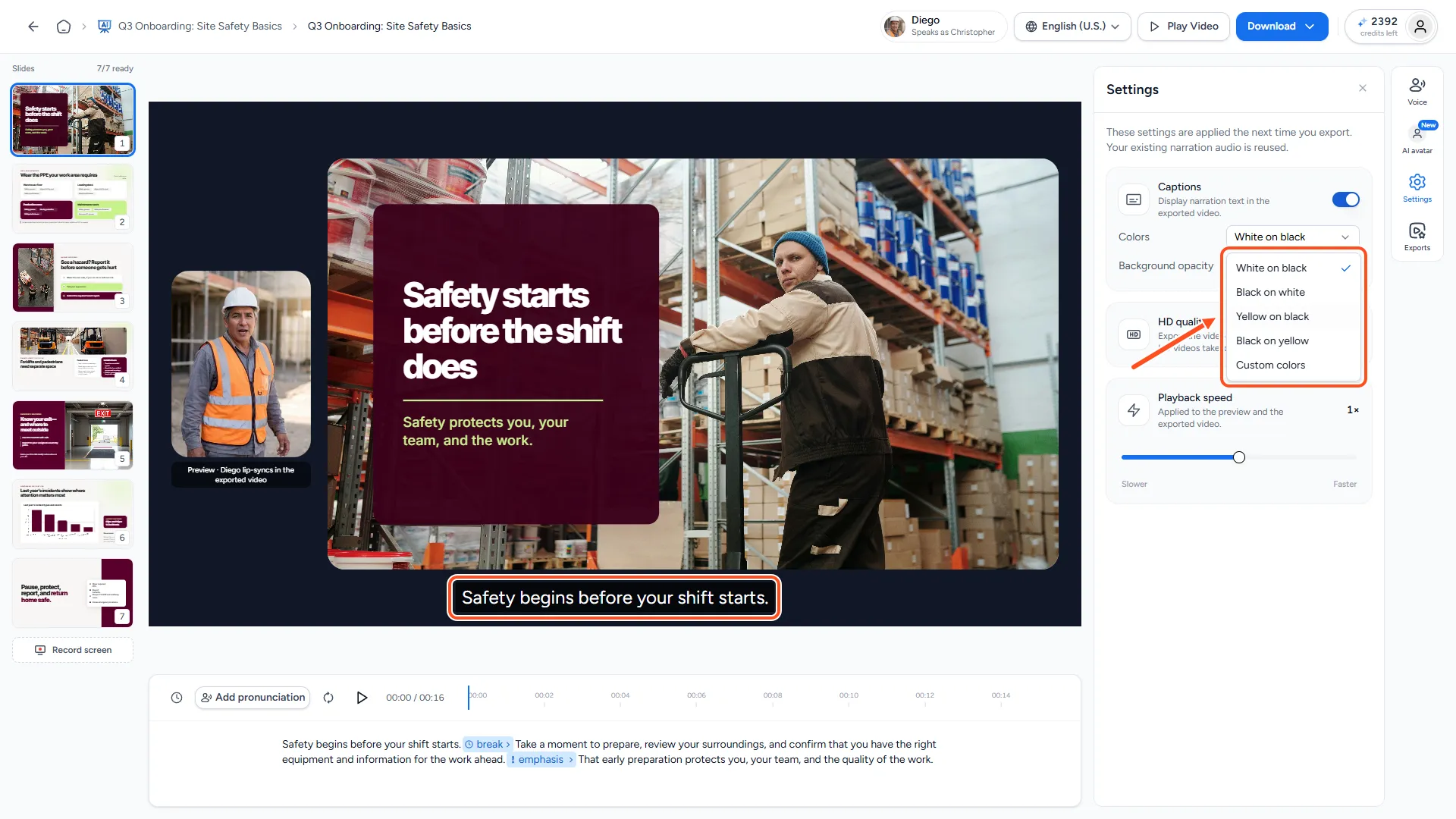 Caption style options with the Colors presets open and the caption previewed on the slide