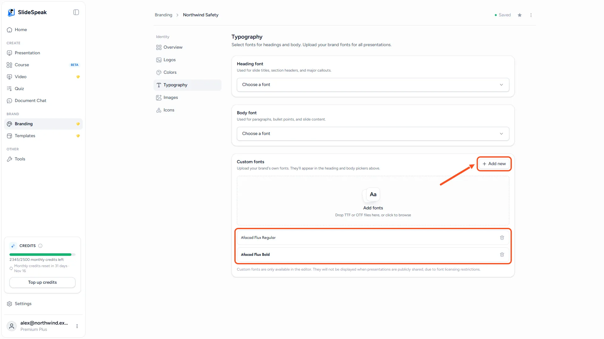 Typography section with the Custom fonts card, the Add new button and two uploaded fonts in the list