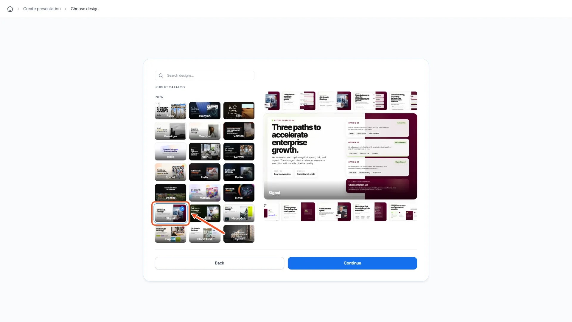 The SlideSpeak AI 5.0 design picker with a search box, design cards and a large preview