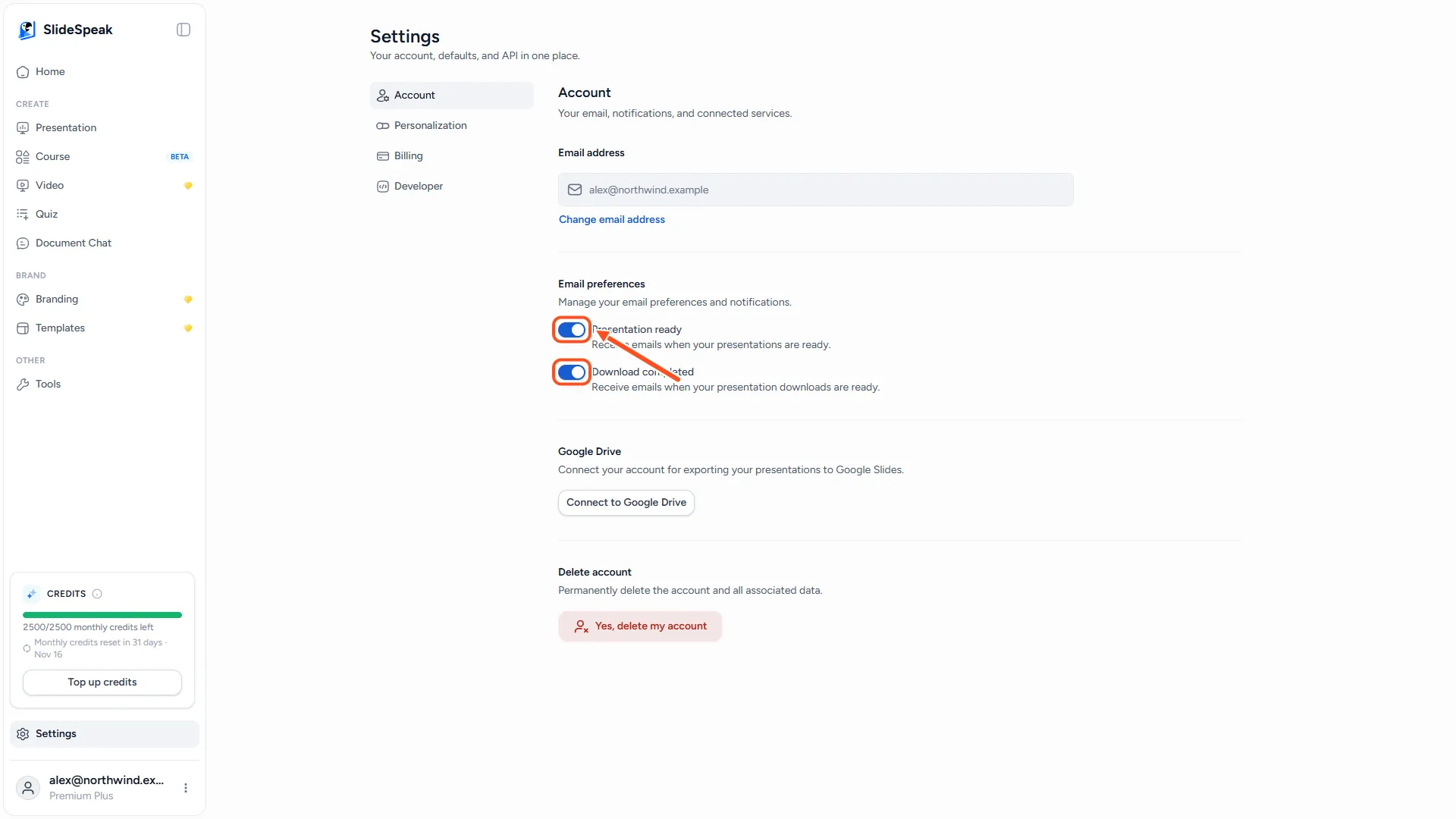 The Email preferences section in SlideSpeak account settings with the Presentation ready and Download completed switches