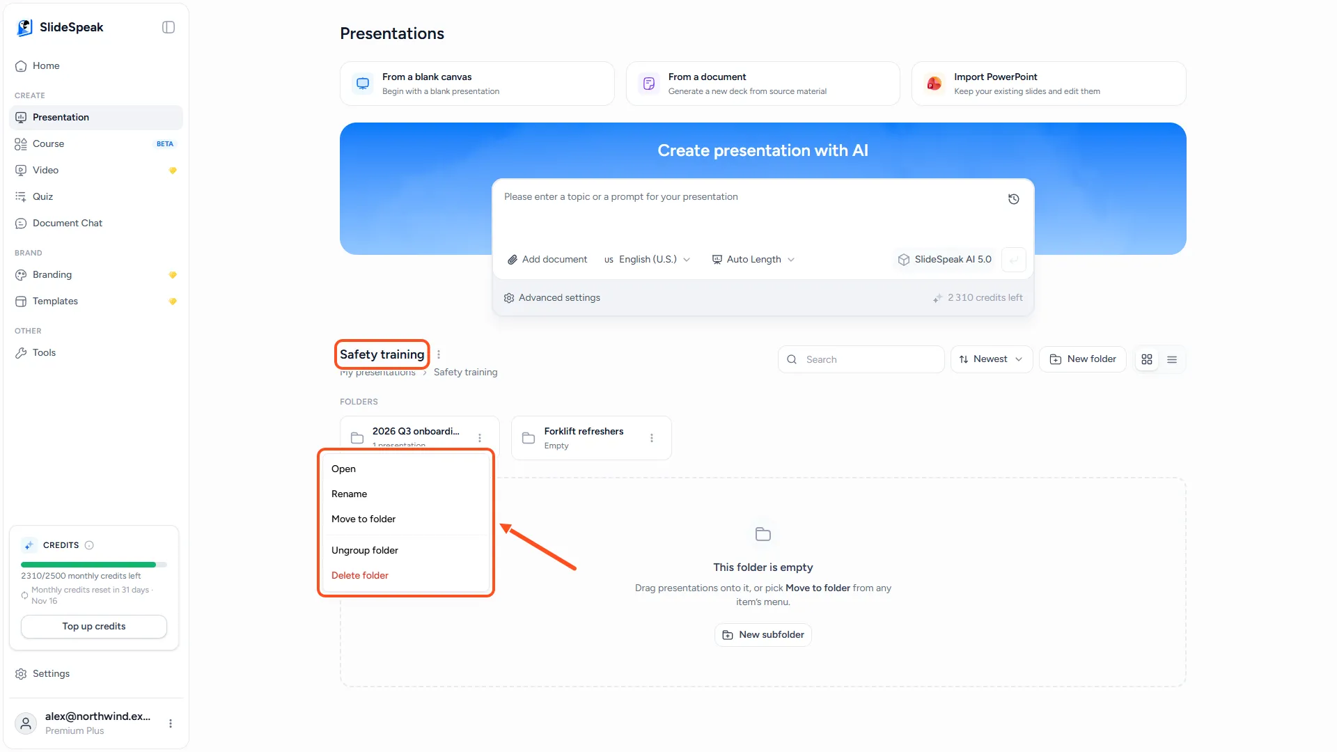 The My presentations library with nested folders and the folder actions menu open, showing Open, Rename, Move to folder, Ungroup folder and Delete folder