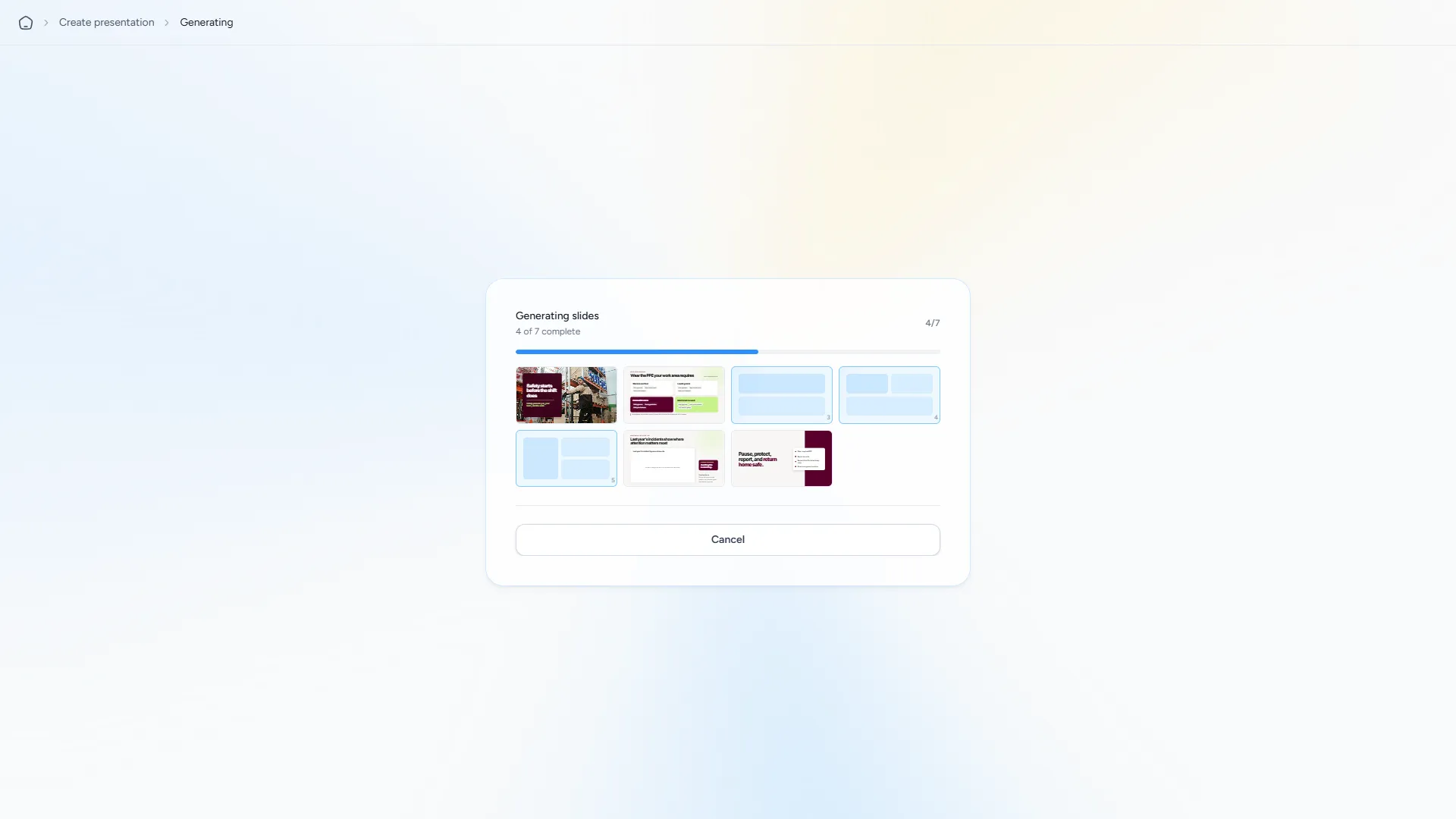 The SlideSpeak AI 5.0 generation screen with a progress bar and a grid of slides appearing one by one