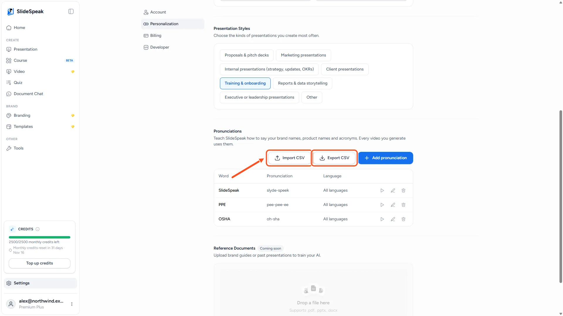 Import CSV and Export CSV buttons above the pronunciations list