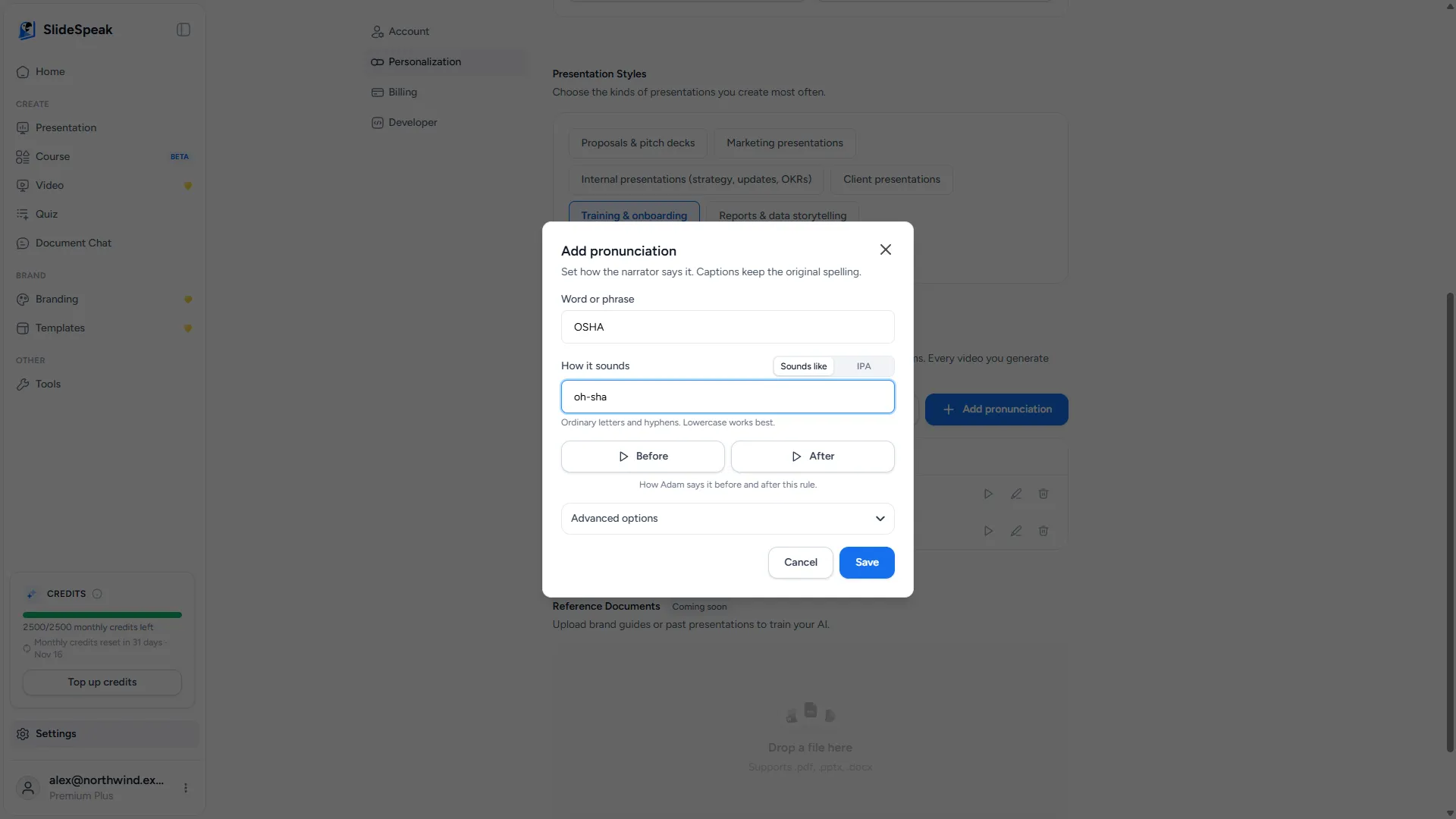 Add pronunciation dialog with "OSHA" spelled as it sounds and a preview button