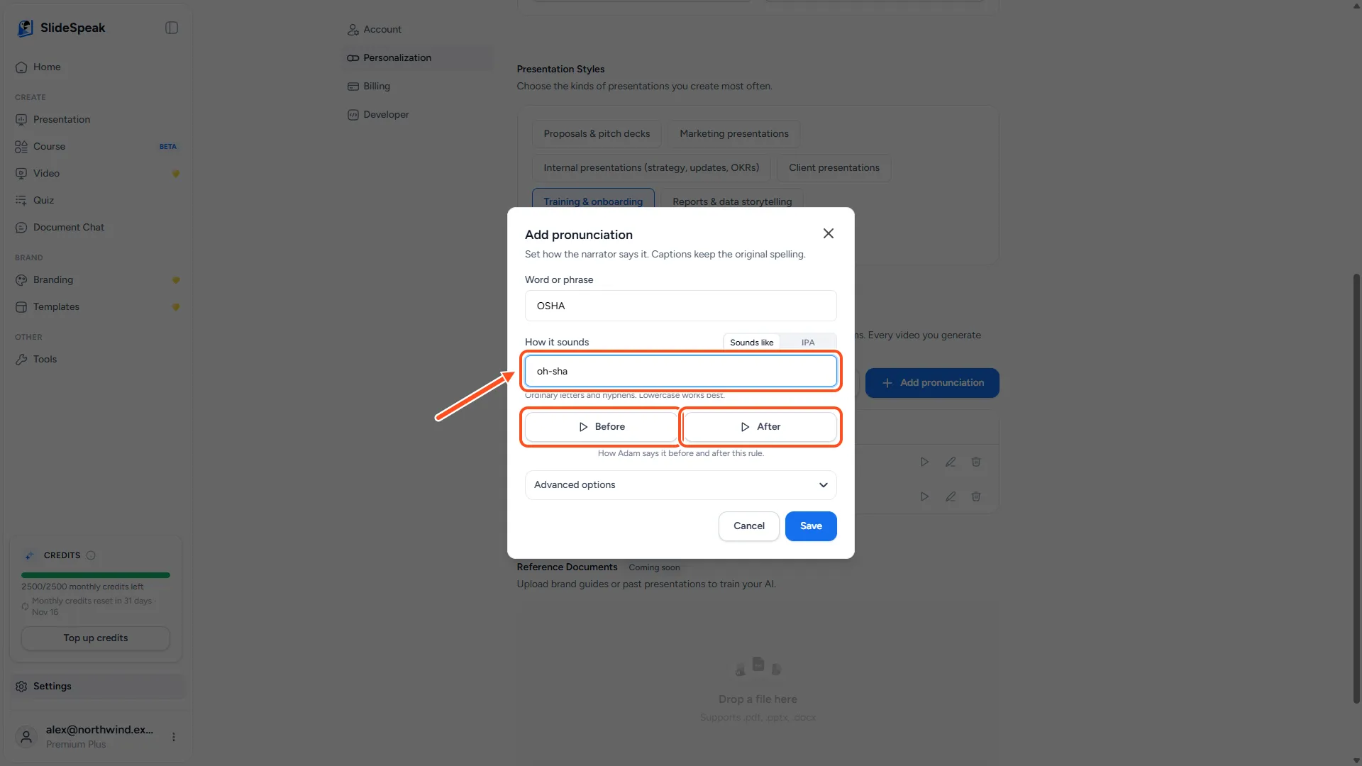 Add pronunciation dialog with OSHA as the word, oh-sha in Sounds like, and the Before and After preview buttons
