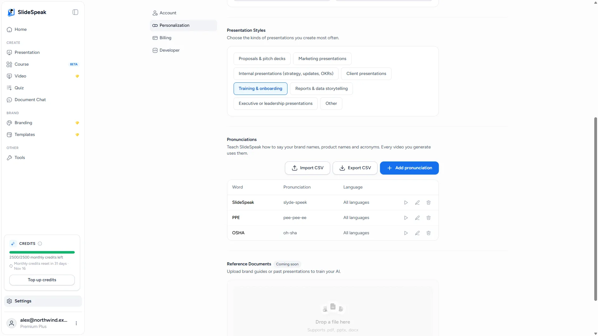 Pronunciations list in Settings with three entries