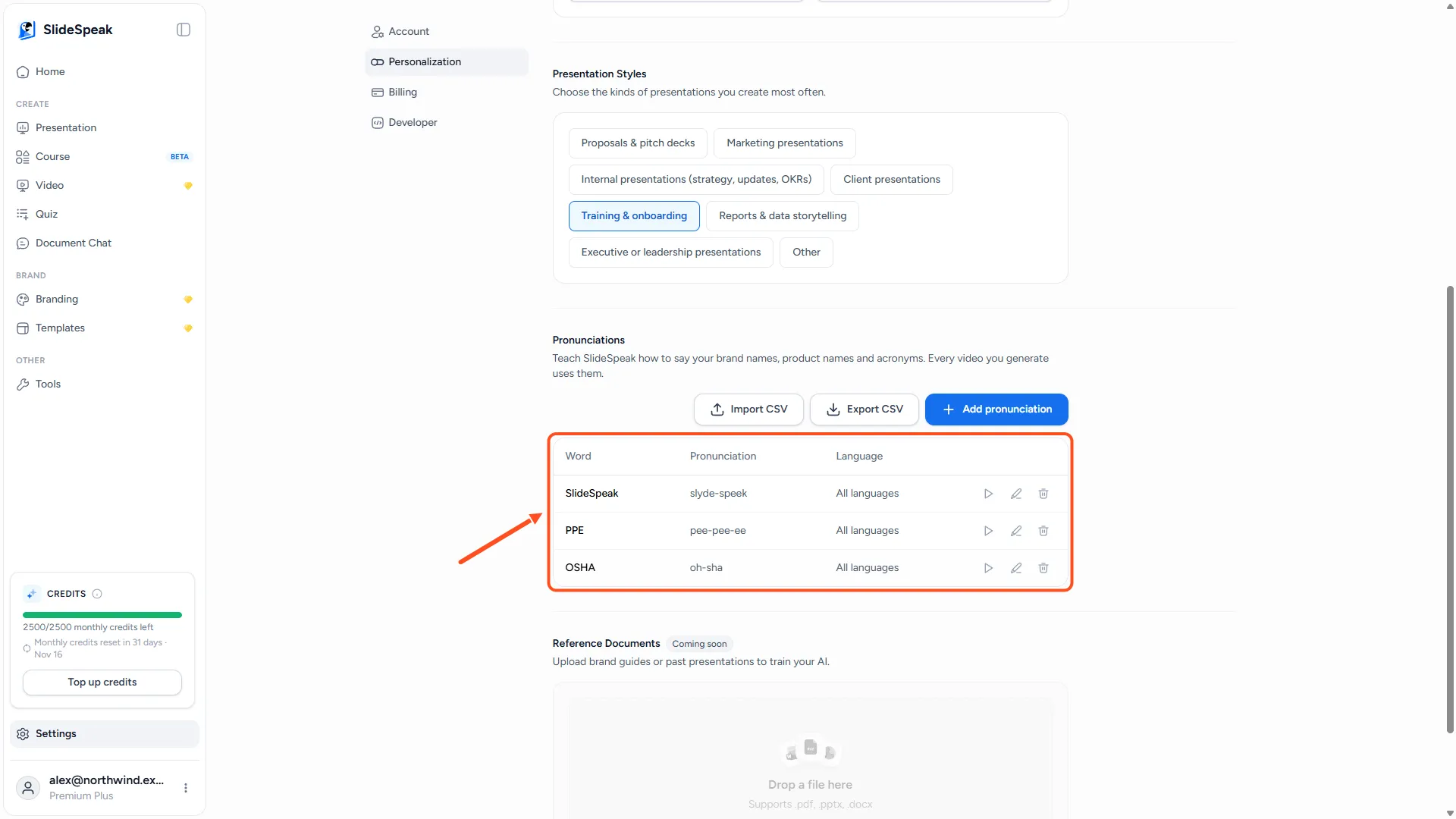Personalization settings page with the Pronunciations list showing three entries