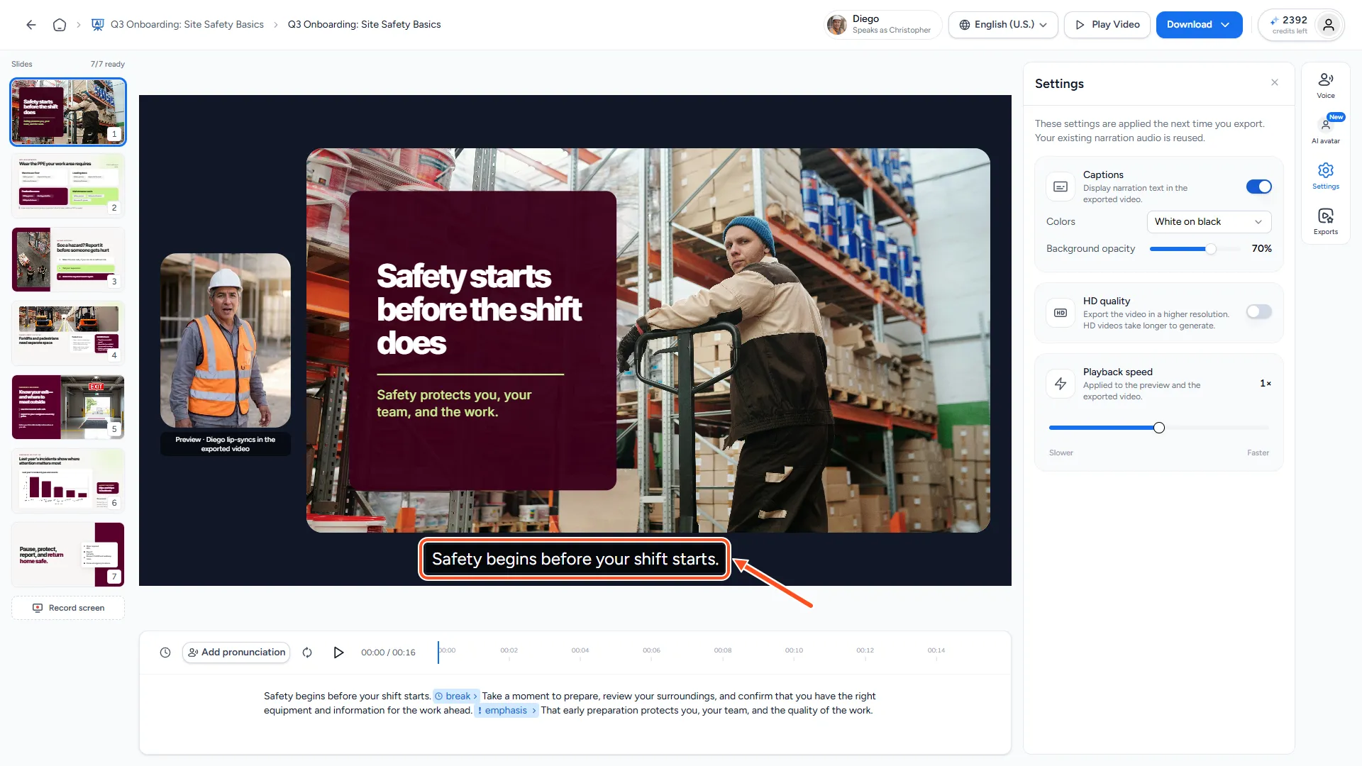 Slide in the video editor with a styled caption shown near the bottom while the narration plays
