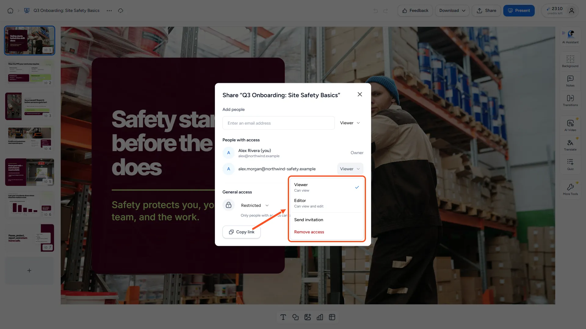 Share dialog with People with access and one person's role menu open, showing Viewer, Editor, Resend invitation and Remove access