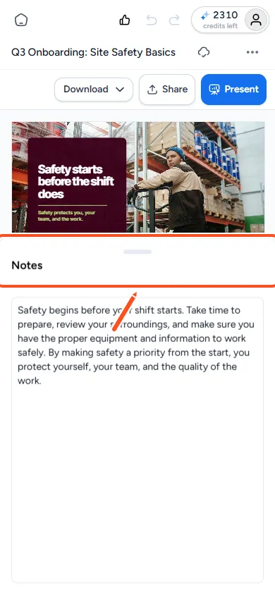 A tool panel open as a sheet from the bottom of the phone screen, with the slide still visible above it
