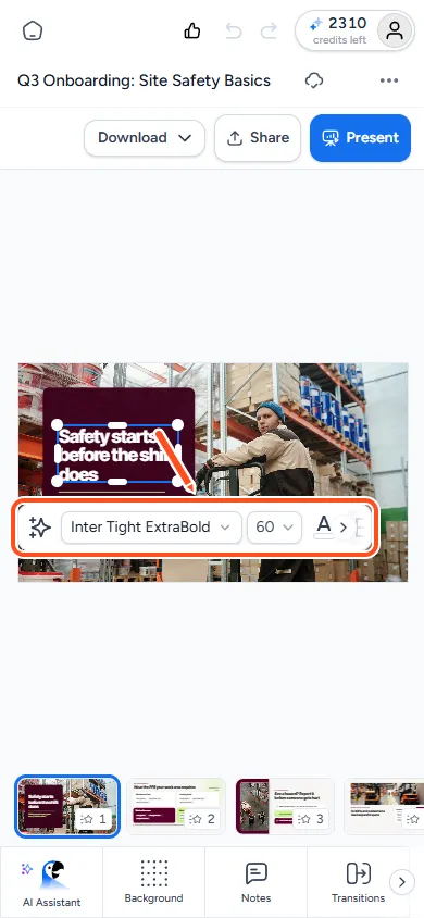 A text box selected on a phone with the formatting toolbar showing above the slide