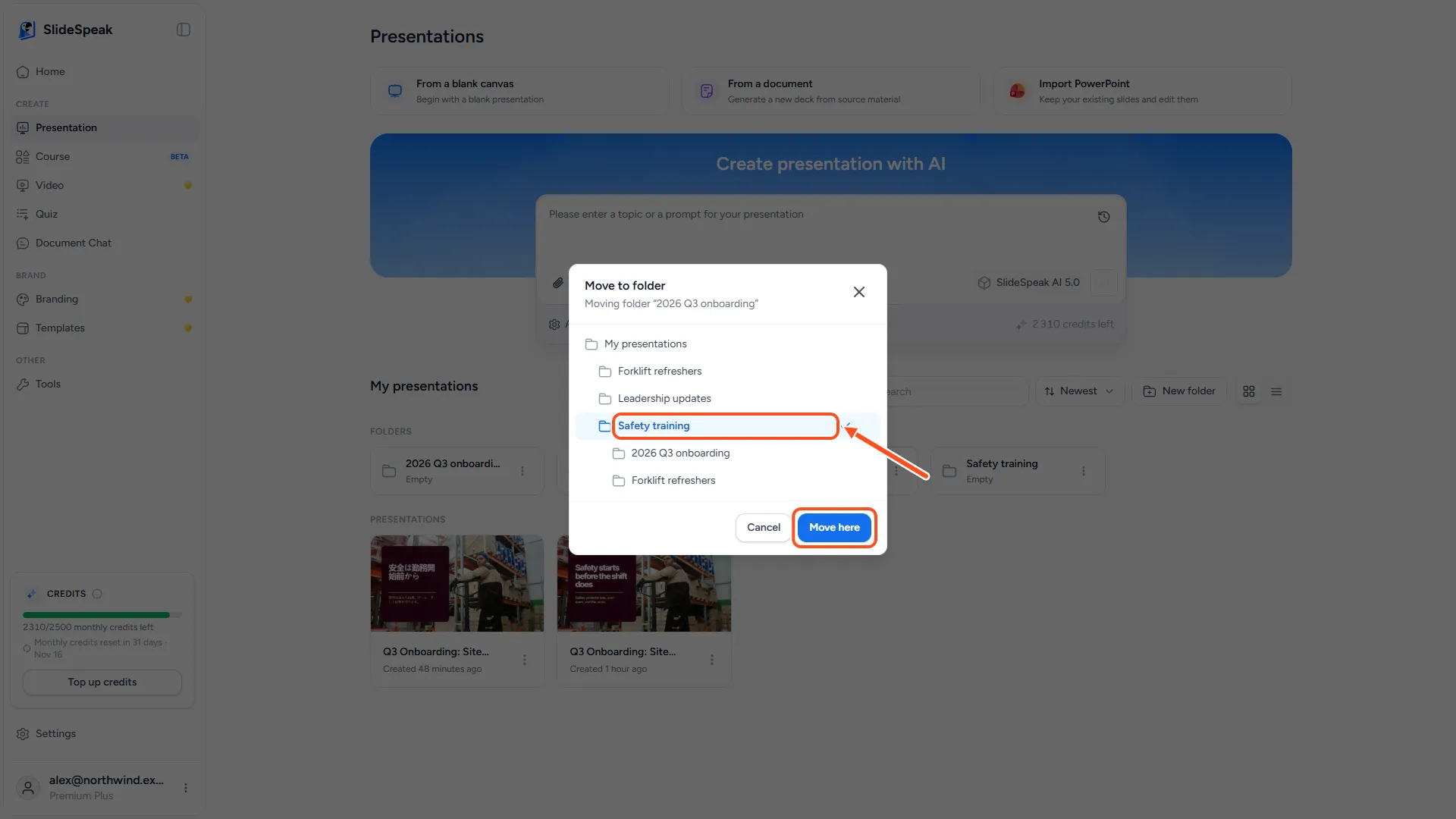 The Move to folder window with a folder selected and the Move here button