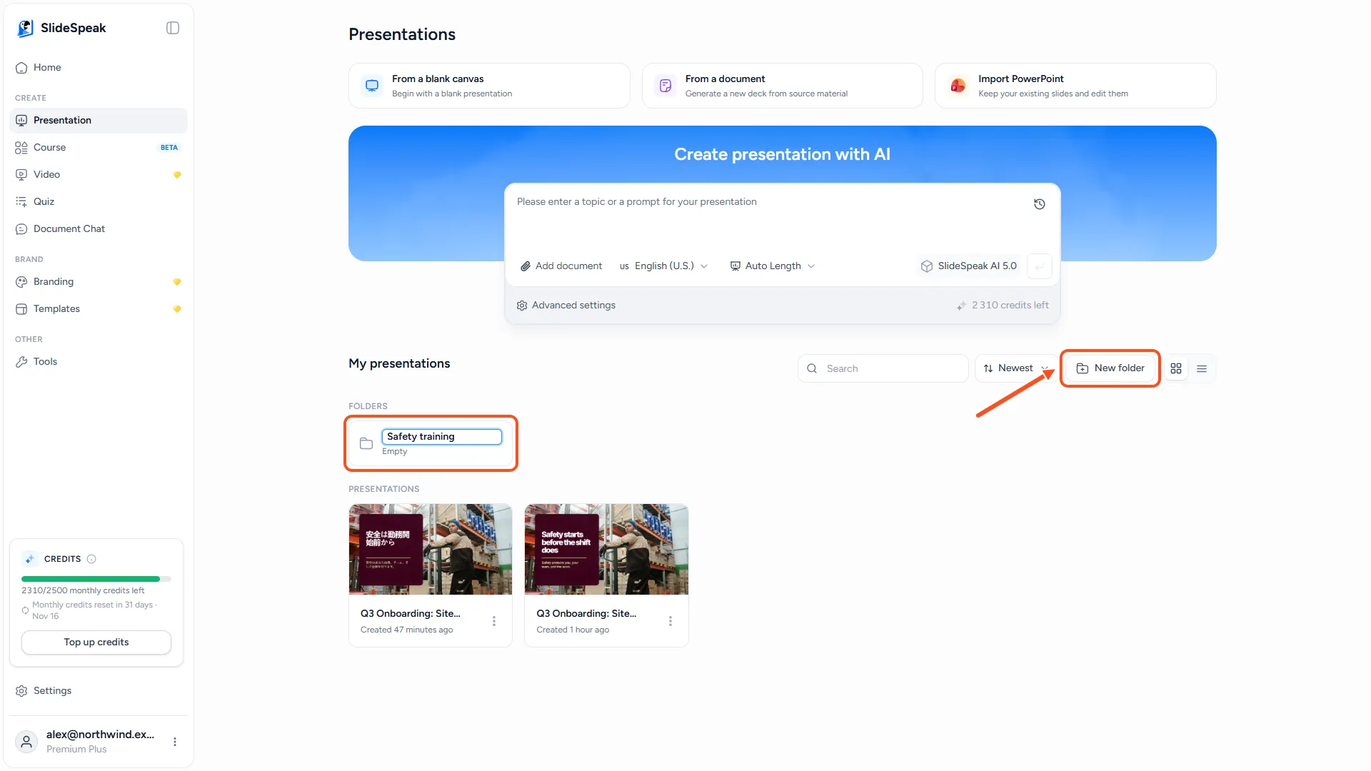 The My presentations library header with the New folder button and a new folder being named
