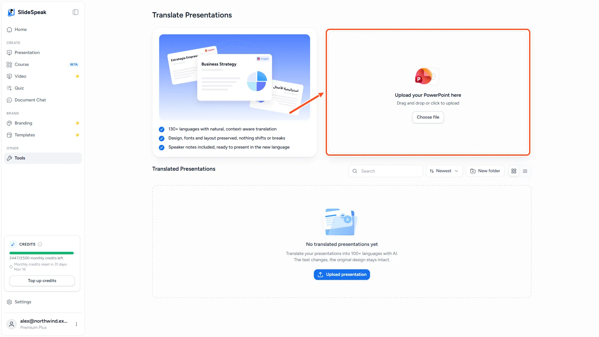 The Translate Presentations page in SlideSpeak with the PowerPoint upload area and the Translated Presentations list below it