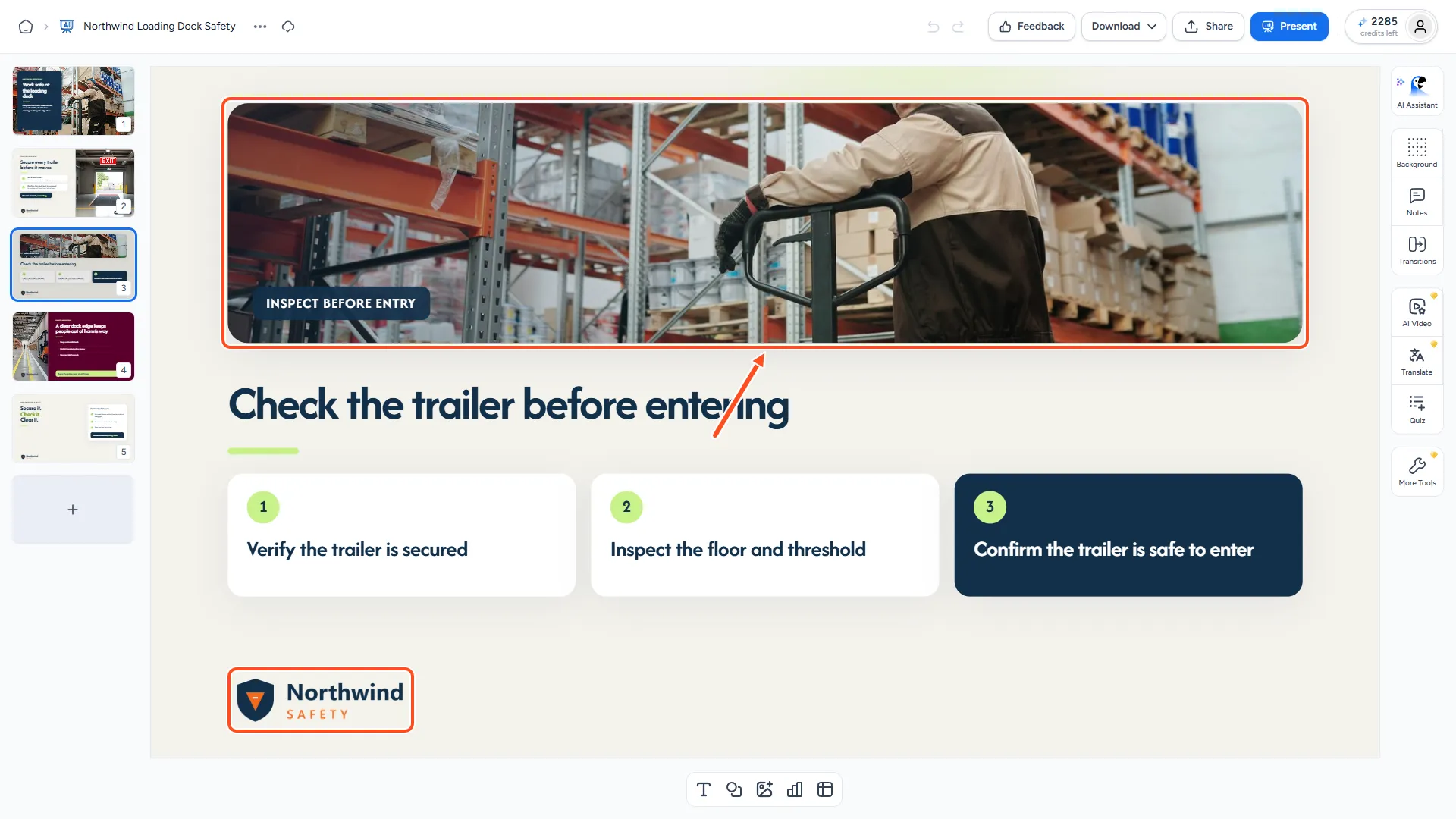 Generated slide that uses a photo and icons from the brand libraries