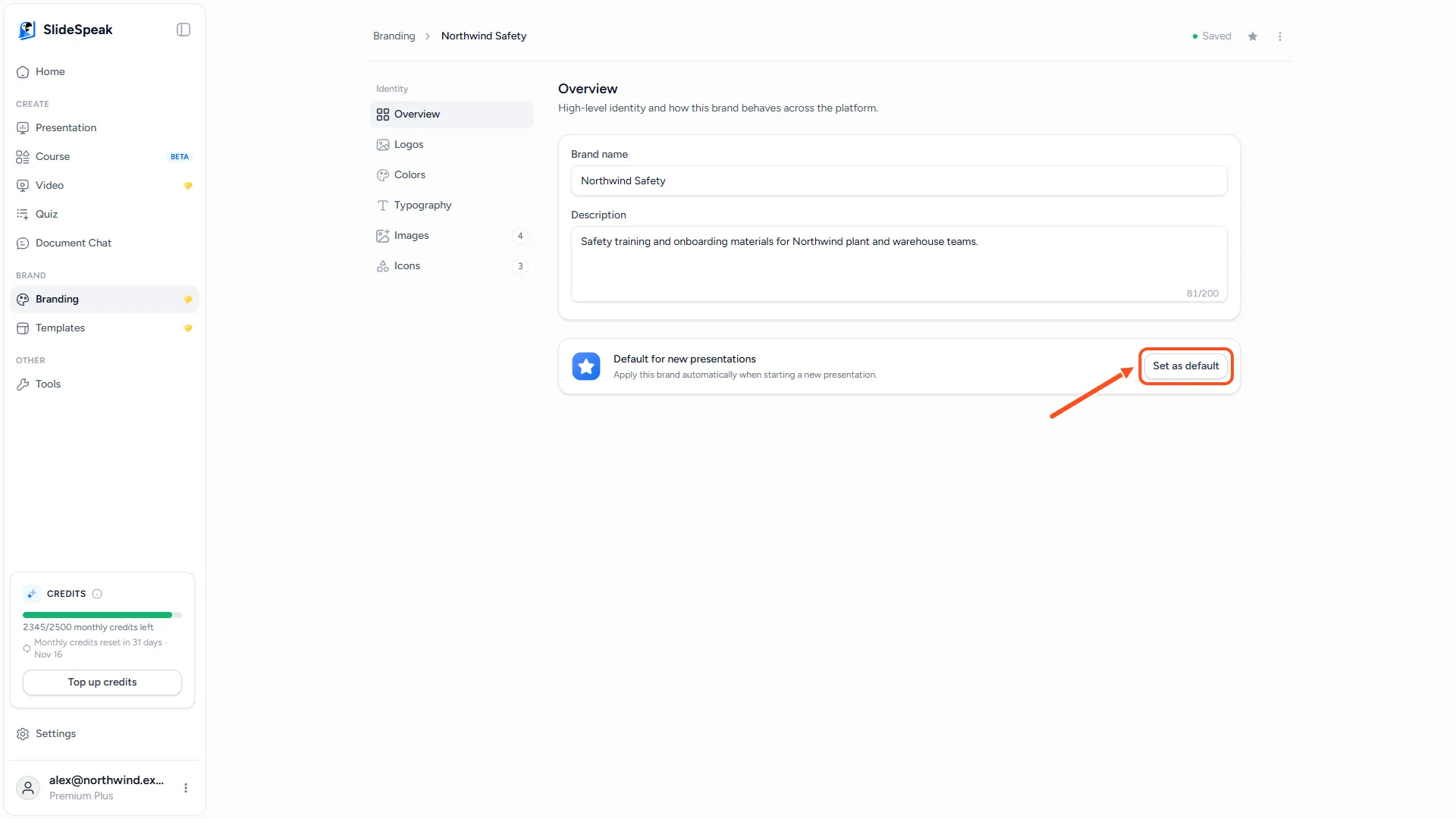 Overview section with the brand name, description and the Default for new presentations card with Set as default