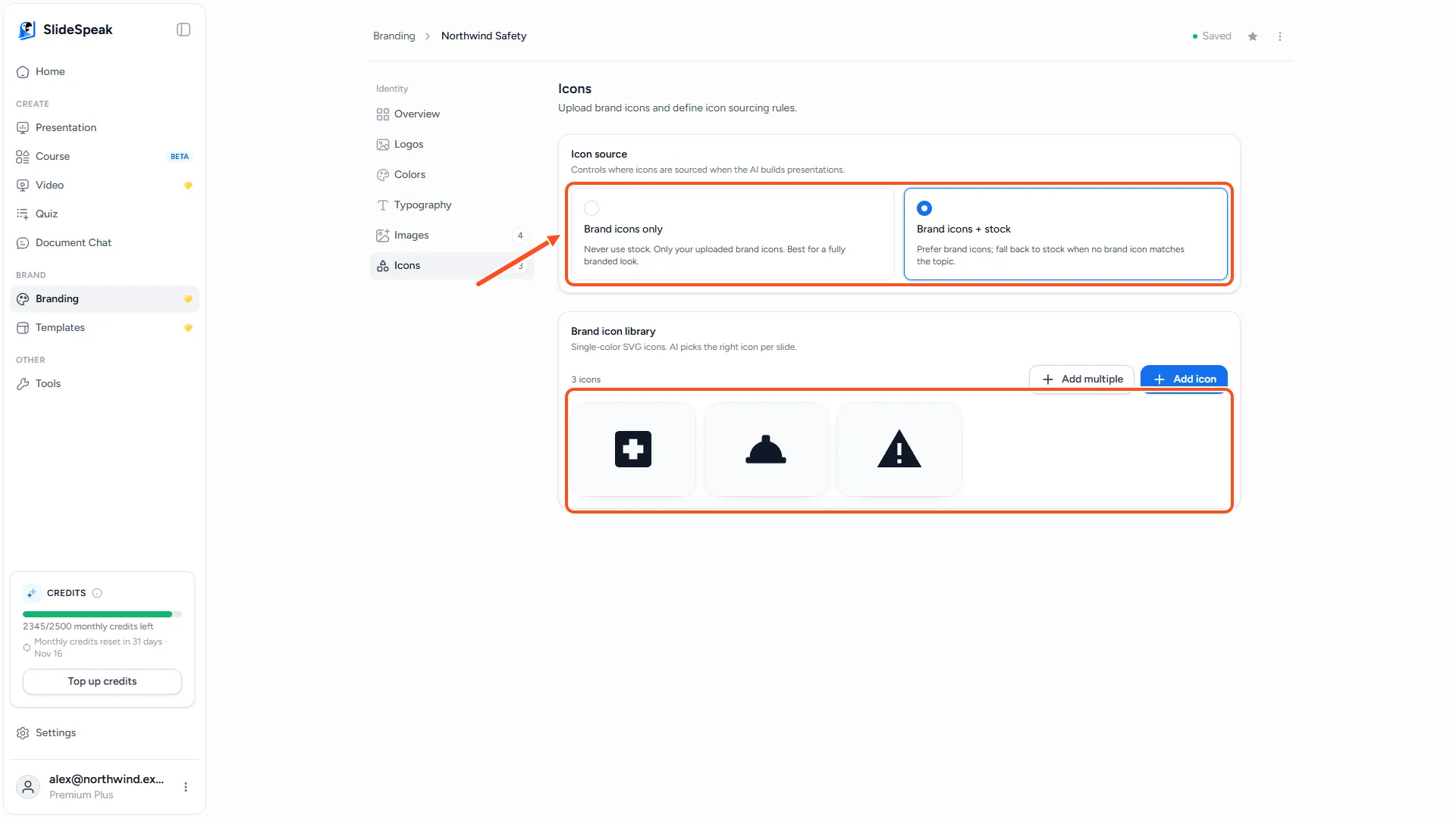 Icons section with the Icon source options and the Brand icon library showing single-color icons