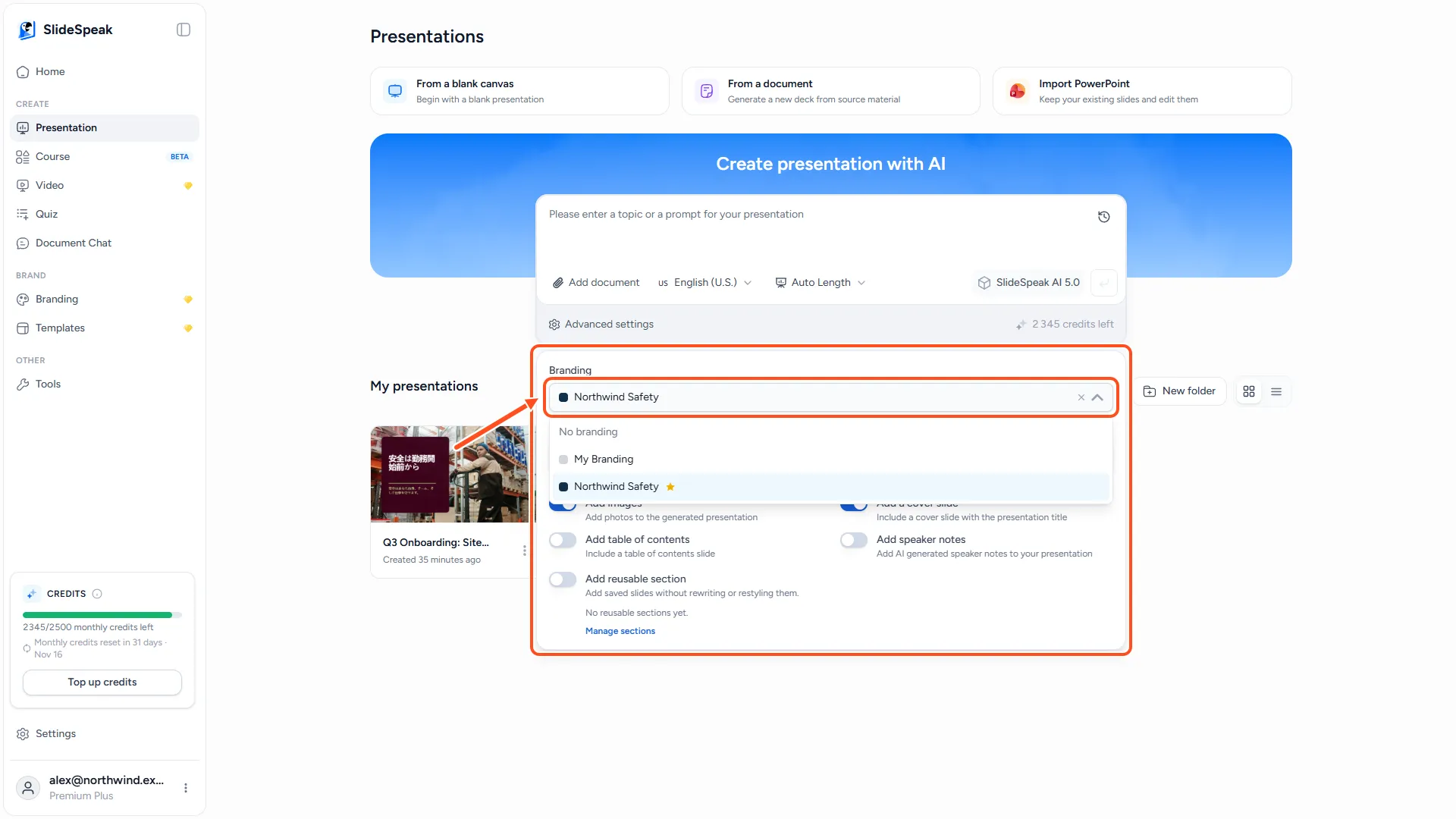 Advanced settings below the prompt box with the Branding field open and a list of brands