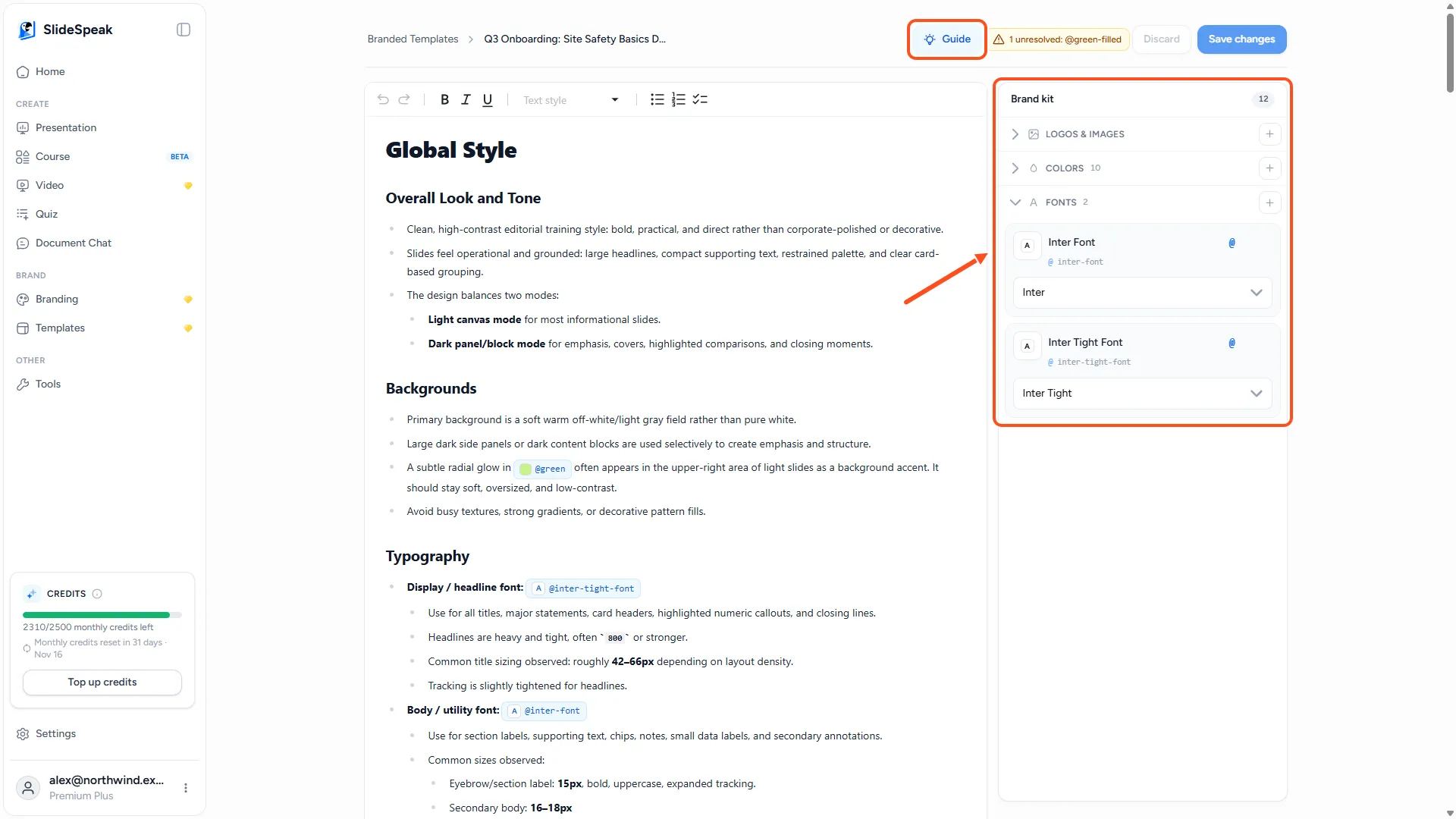 Design kit editor with guidance text on the left and the Brand kit panel with Logos & images, Colors and Fonts on the right