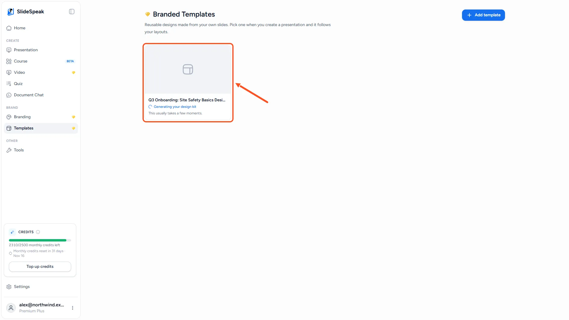Templates page with a design kit card that is still generating