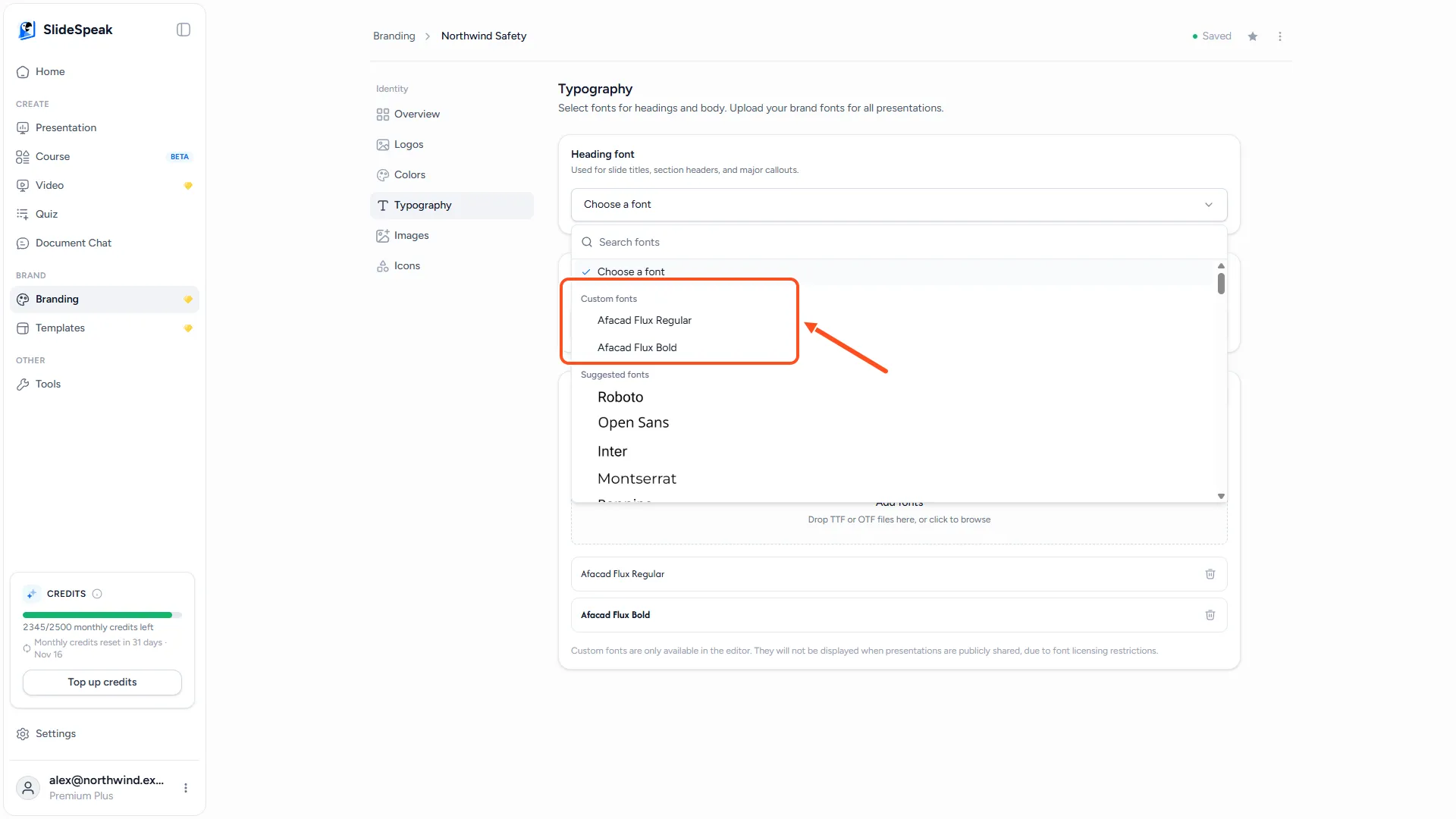 Heading font picker open with the Custom fonts group at the top of the list