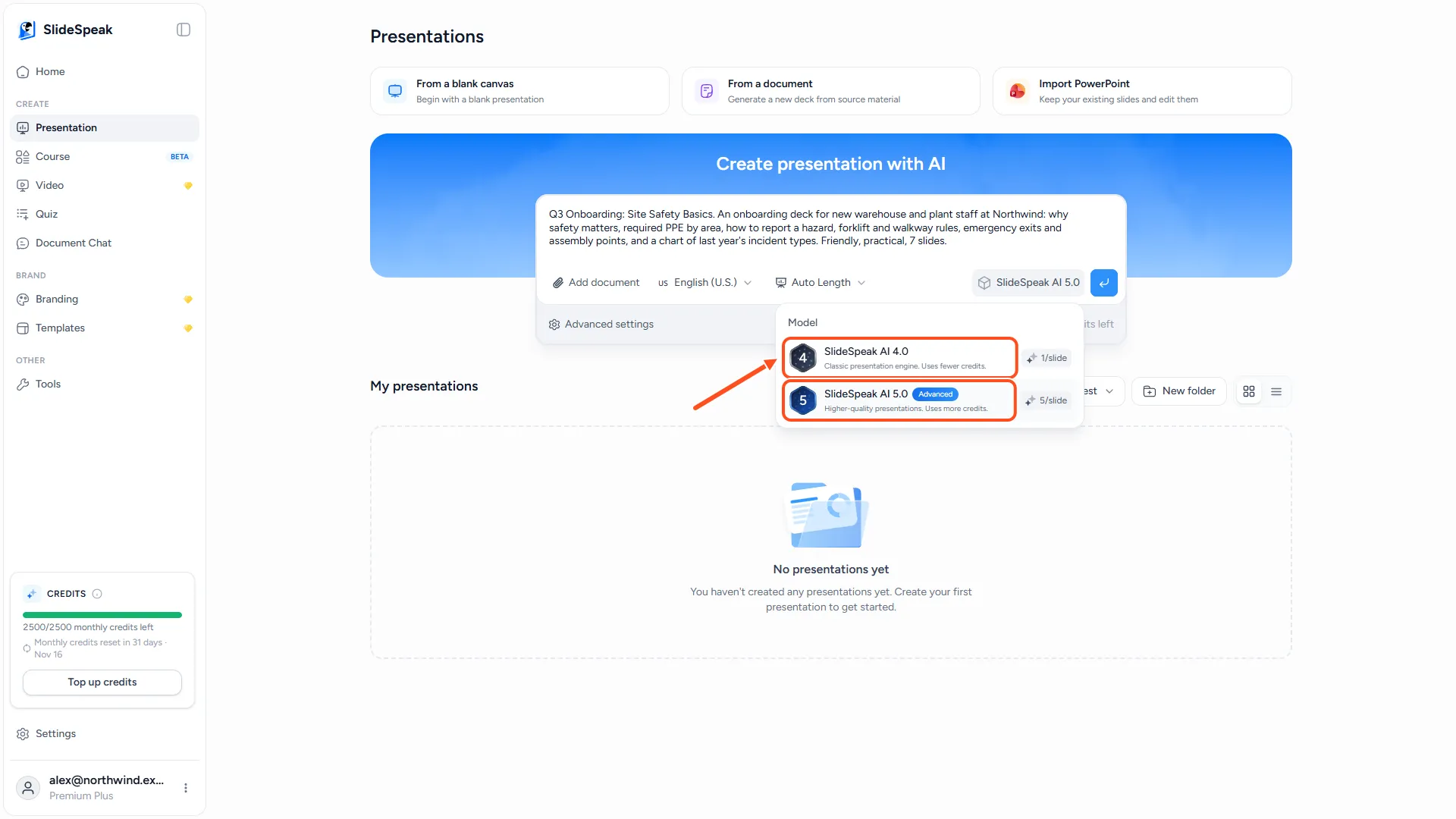 Prompt box on the Presentation page with the model menu open, showing SlideSpeak AI 4.0 and SlideSpeak AI 5.0