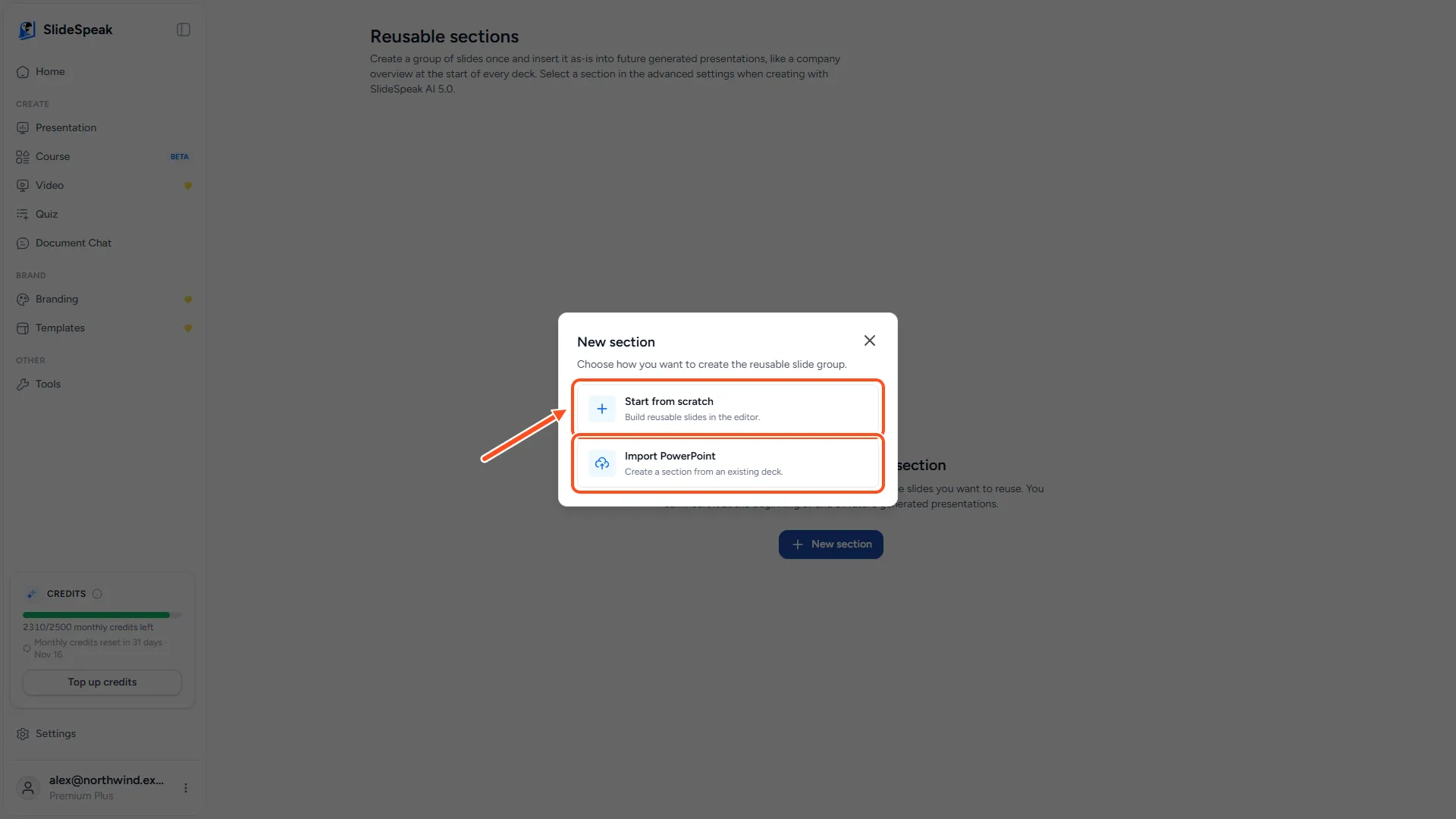 New section dialog with the two options, Start from scratch and Import PowerPoint