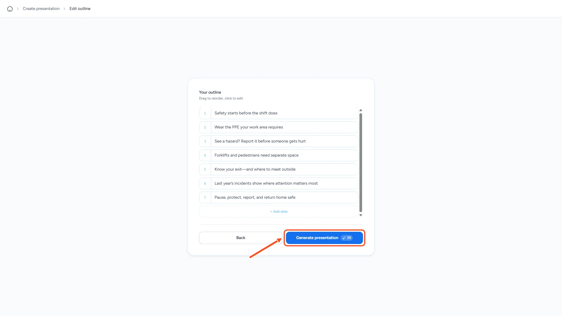 The Your outline step in SlideSpeak AI 5.0 with an arrow pointing to Generate presentation and its credit cost