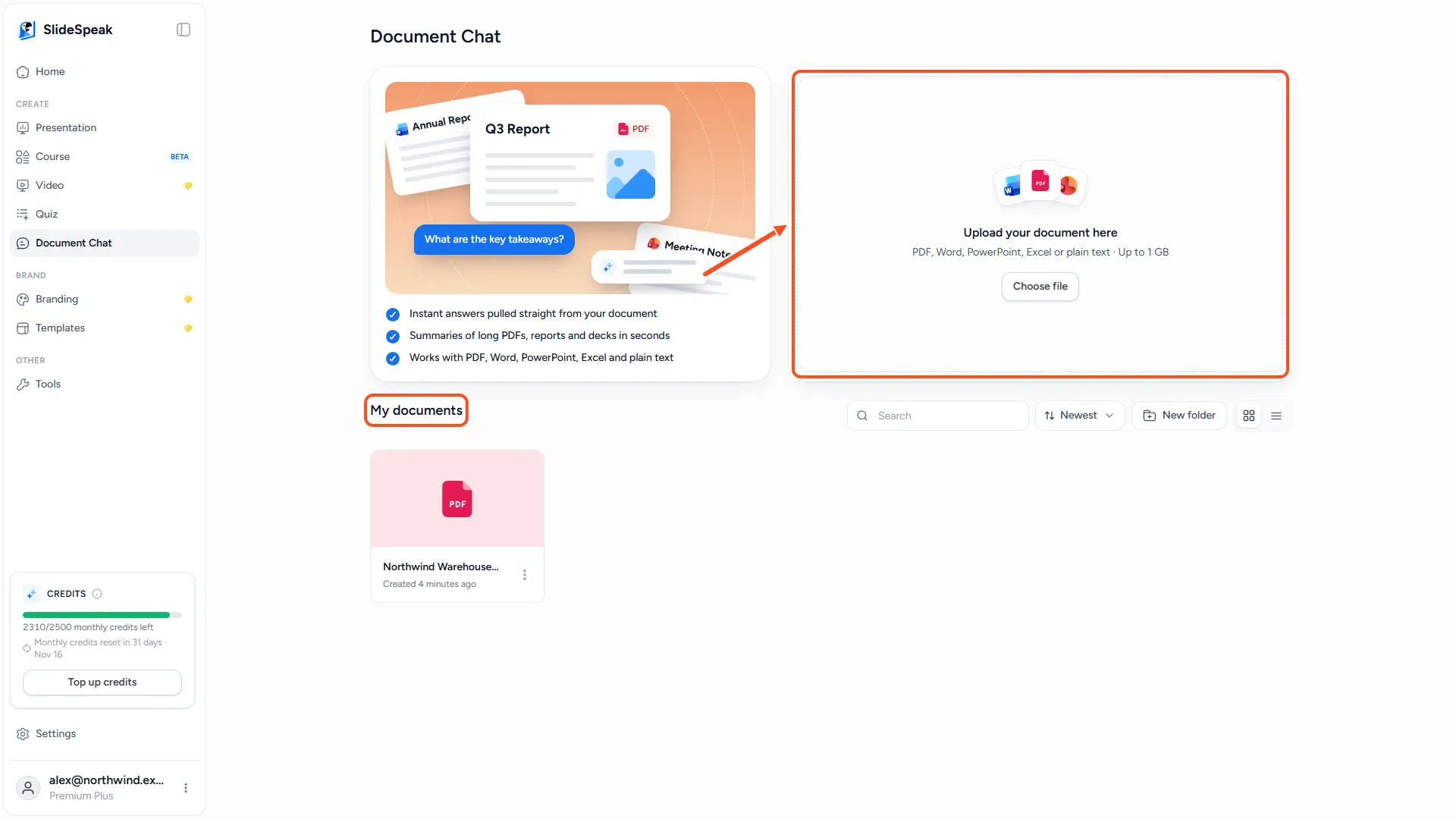 The SlideSpeak Document Chat page with the Upload your document here drop zone and the My documents list