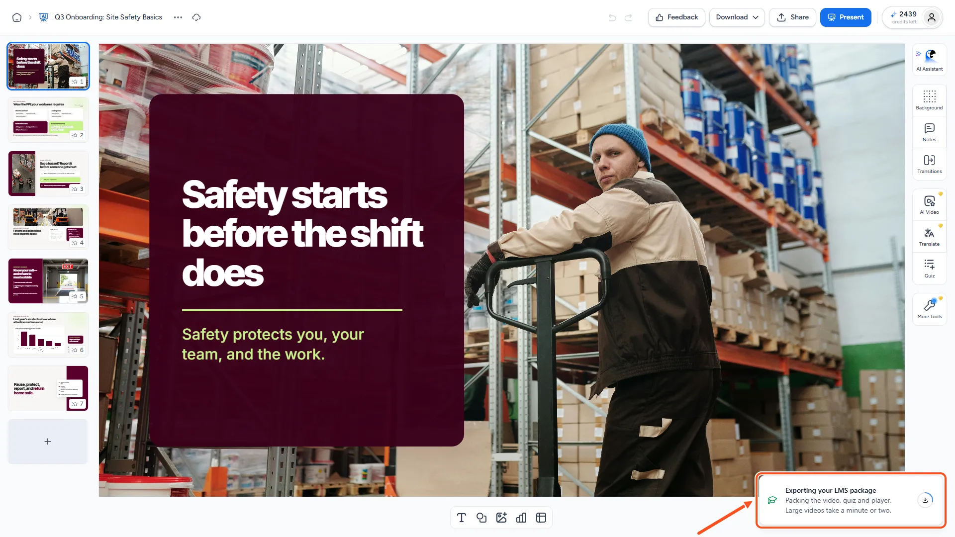The SlideSpeak export progress card in the bottom right corner while an LMS package is being built