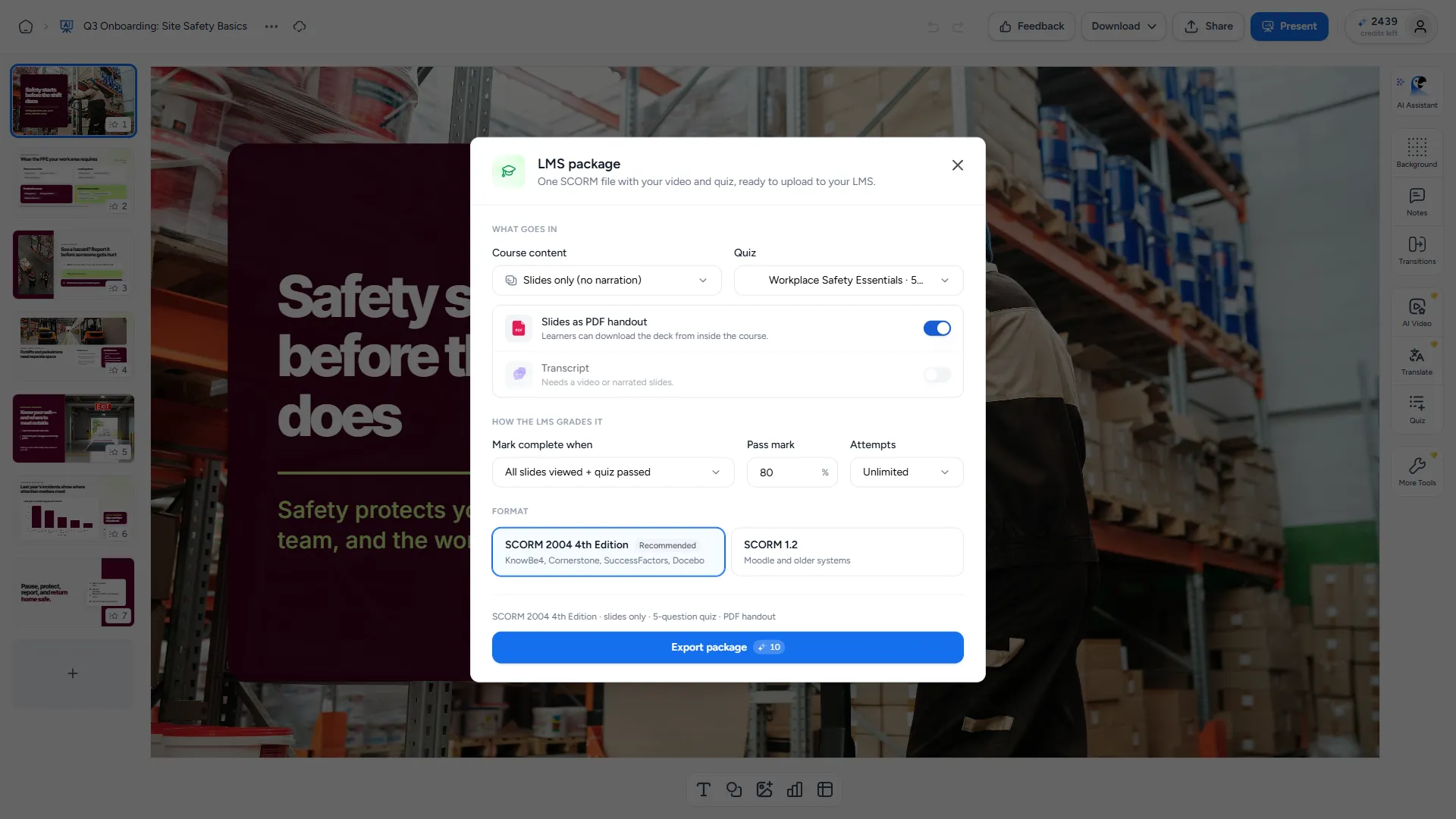 LMS package dialog with SCORM version, contents, completion rule, pass mark and attempts
