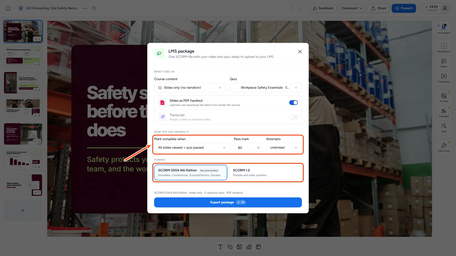 The LMS package dialog showing course content, quiz, completion rule, pass mark, attempts and SCORM version
