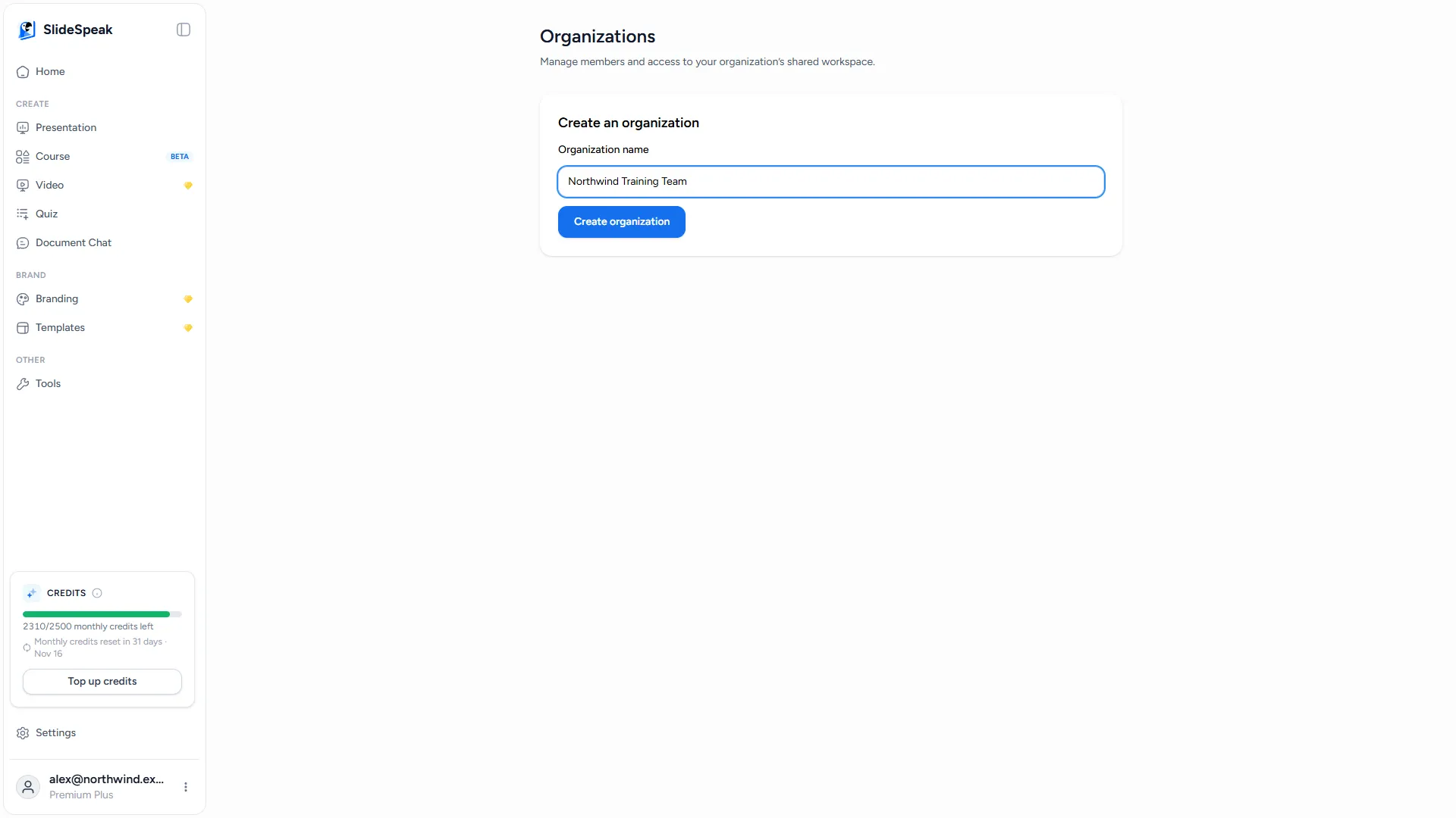 Organizations page with "Create organization"