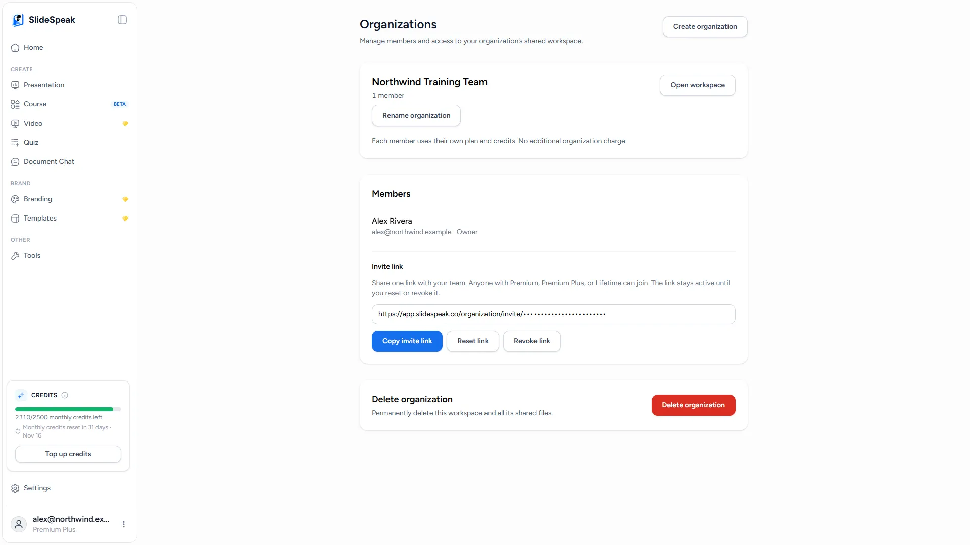 Organization page with members and invite link controls